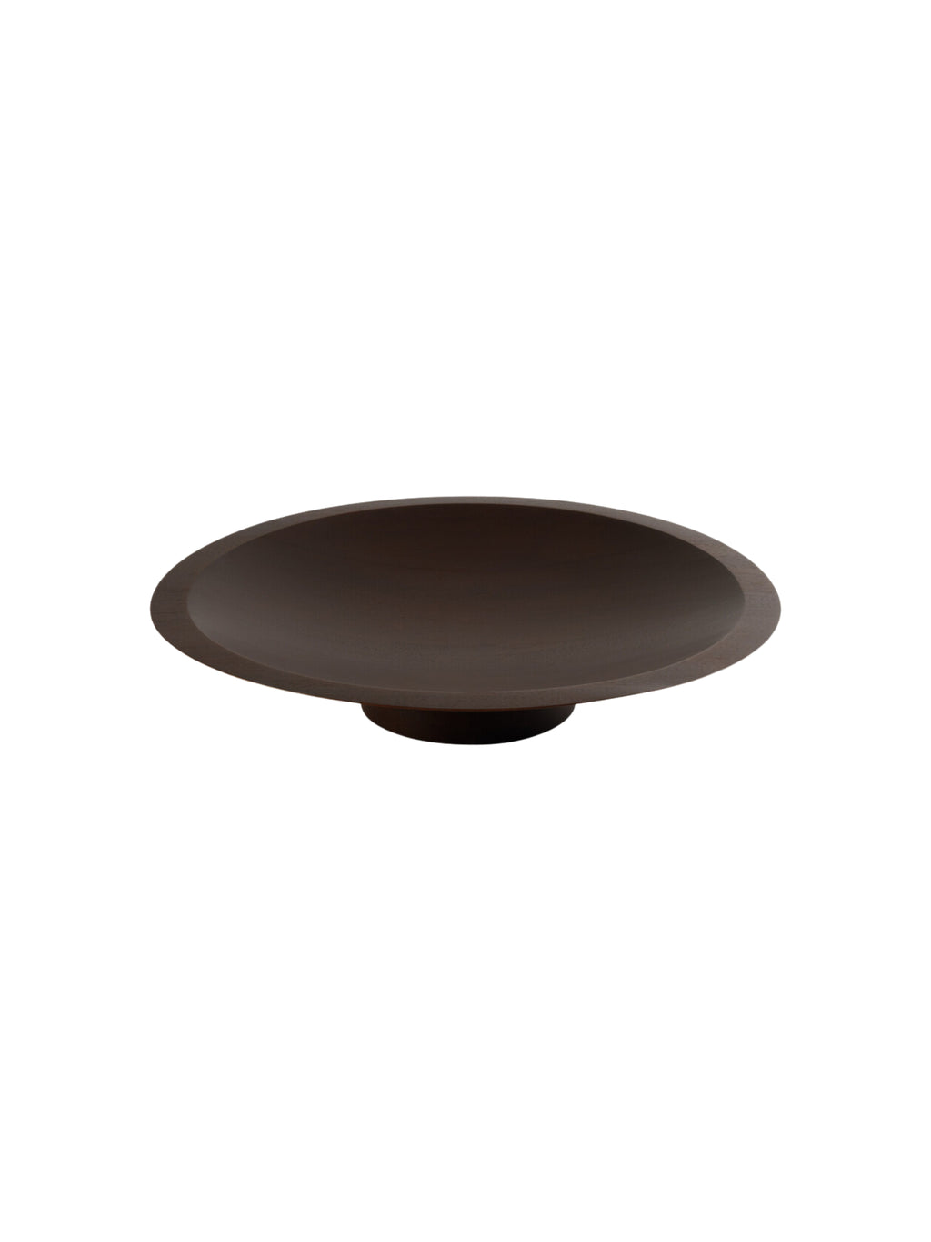 Ethnicraft Satellite Bowl in Mahogany Dark Brown, a sophisticated, shallow wooden bowl with a subtle raised base, showcasing its elegant dark brown grain and smooth texture on a white background.