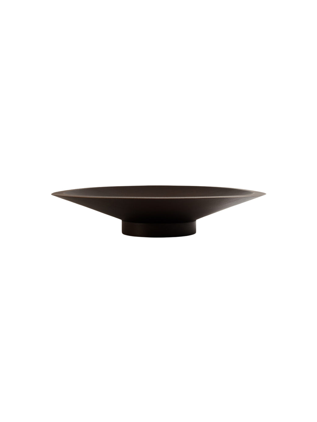 Ethnicraft Satellite Bowl in Mahogany Dark Brown, a side profile view of the sleek, wide, dark brown wooden bowl with a distinct pedestal base, presented on a clean white background, emphasizing its modern, sculptural form.