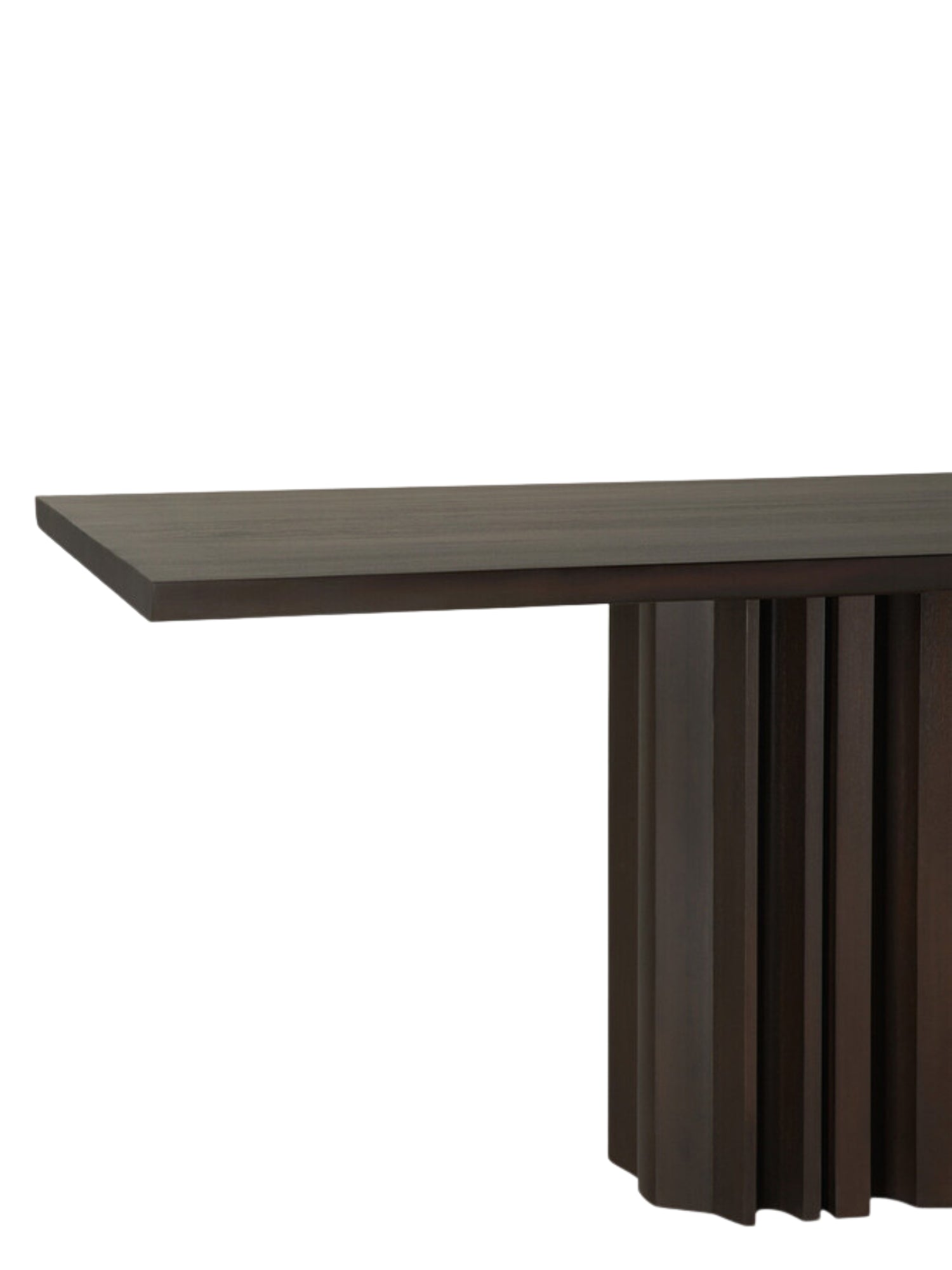 Ethnicraft Sequence Dining Table in luxurious mahogany dark brown, featuring a close-up of the smooth, thick tabletop and the unique fluted base structure, presented on a white background.