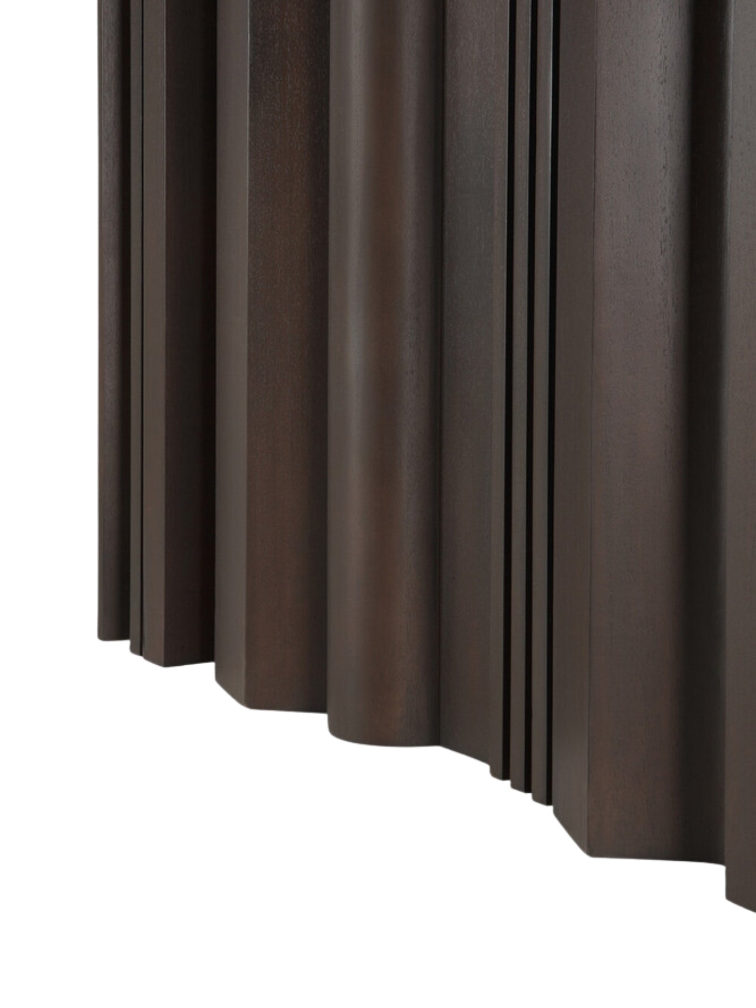 Ethnicraft Sequence Dining Table in deep mahogany dark brown, highlighting the intricate vertical fluted pattern of the base, offering a modern and textured aesthetic on a white background.