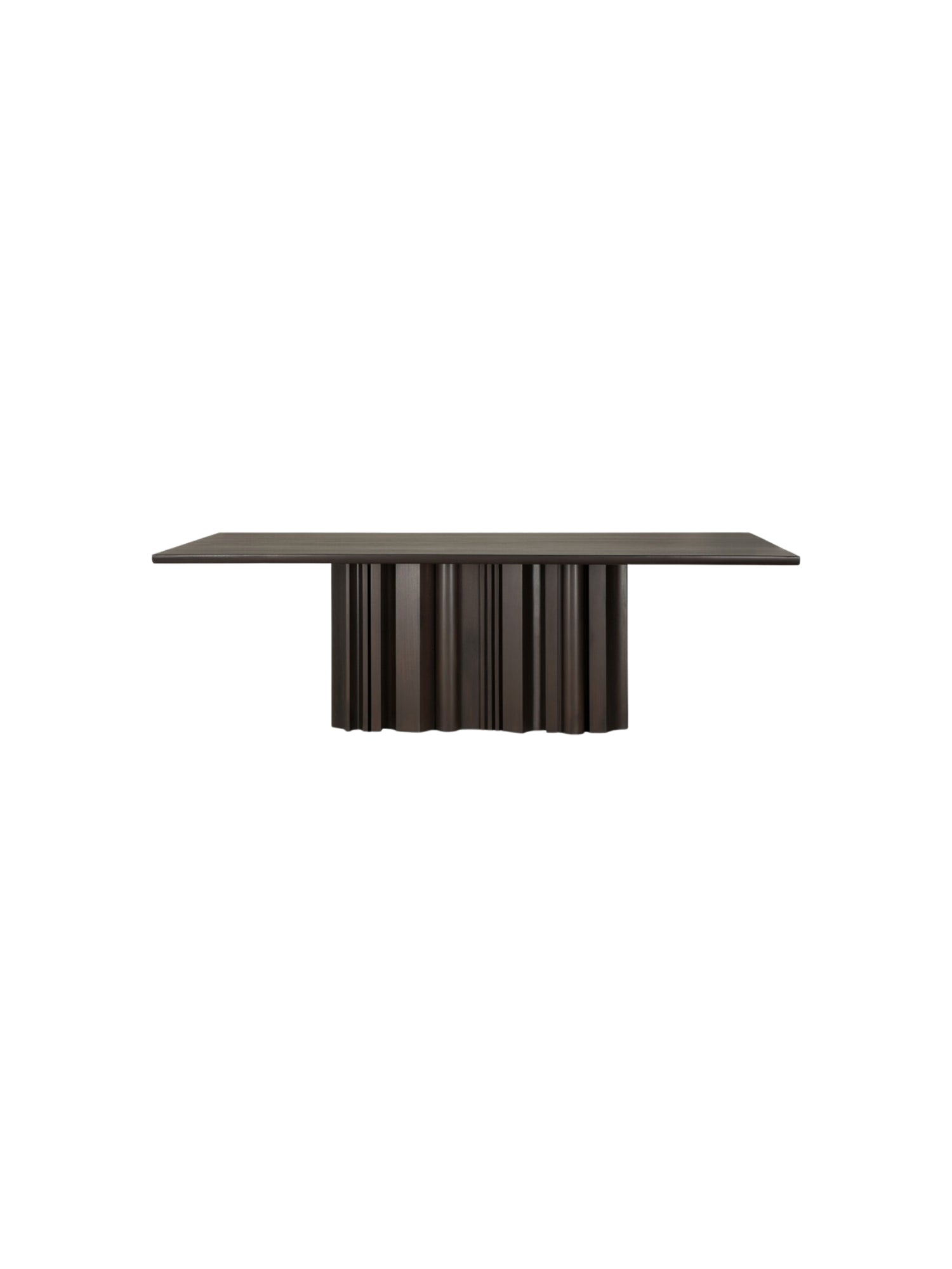 Ethnicraft Sequence Dining Table, a bold mahogany dark brown table with a rectangular top and a sculptural fluted pedestal base. This front view highlights the table's impressive scale and contemporary design, on a crisp white background.