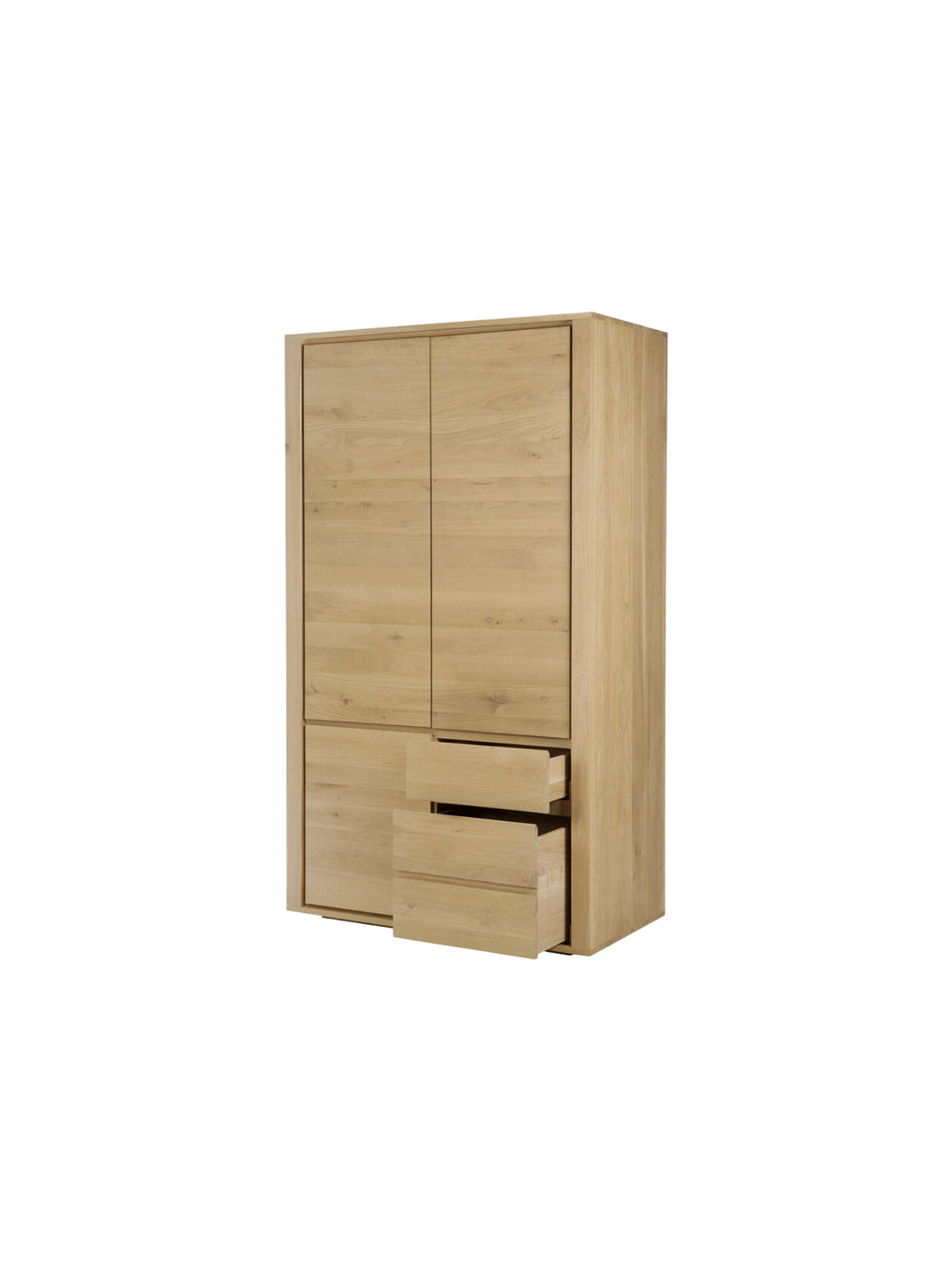 Ethnicraft Shadow Dresser in natural oak, with one of its lower drawers partially open, revealing the smooth interior and robust construction, set against a clean white background.
