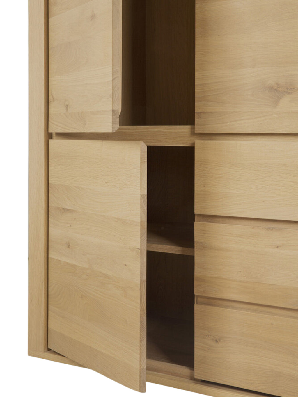 Ethnicraft Shadow Dresser, crafted from light oak wood, showcasing open cabinet doors and drawers revealing interior shelving. The minimalist design highlights the natural wood grain and smooth finish, displayed on a clean white background.