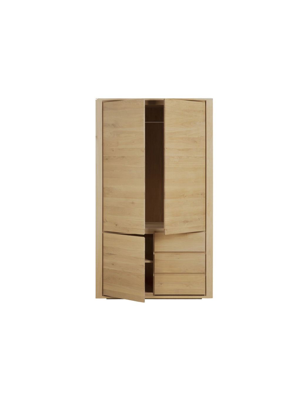 Ethnicraft Shadow Dresser in natural oak, with its top doors and one lower door ajar, showcasing the spacious interior and thoughtful storage design, on a white background.