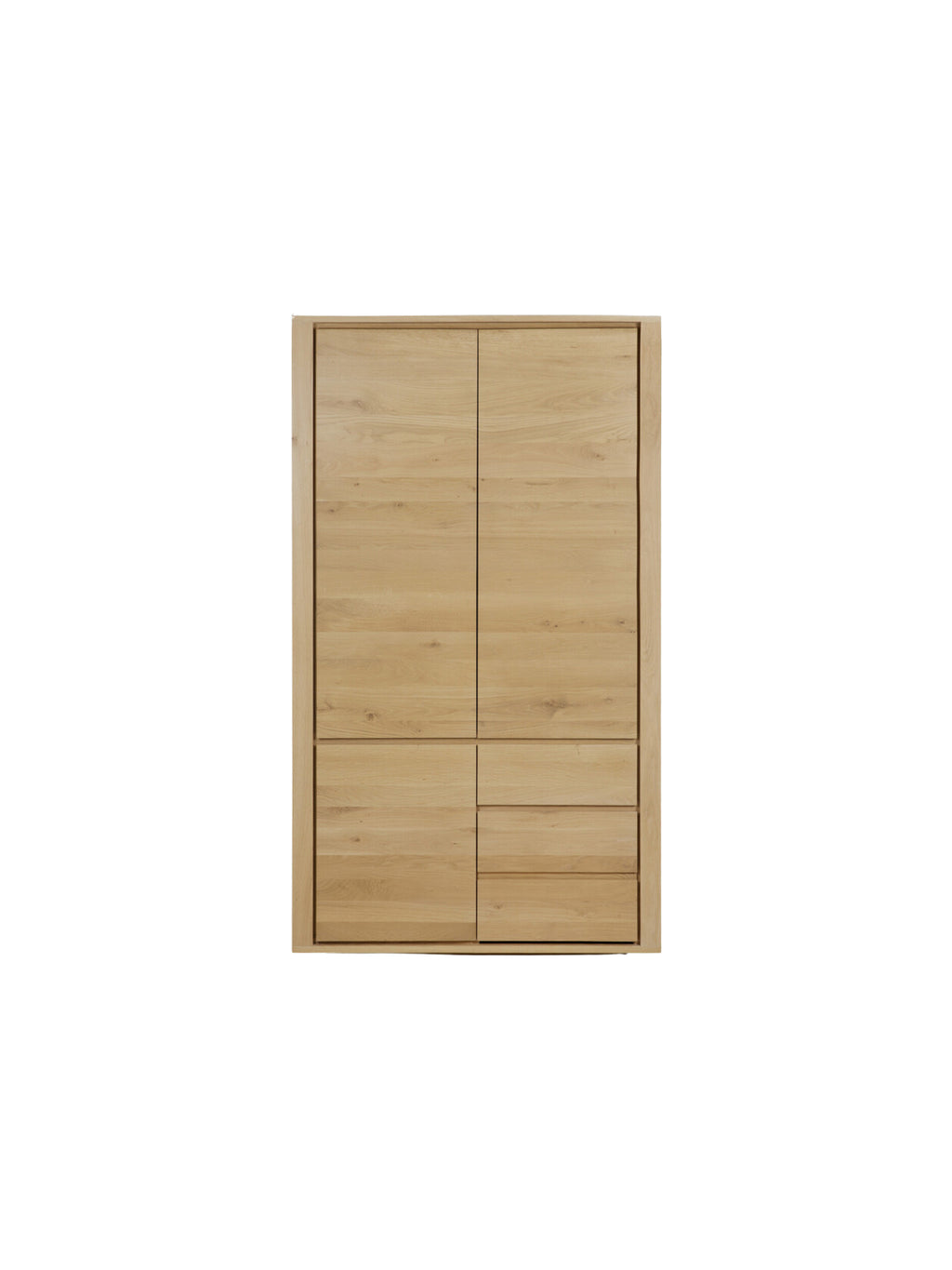 Ethnicraft Shadow Dresser in light oak, displayed head-on against a white background, revealing its symmetrical design with multiple doors and drawers, emphasizing its minimalist aesthetic.