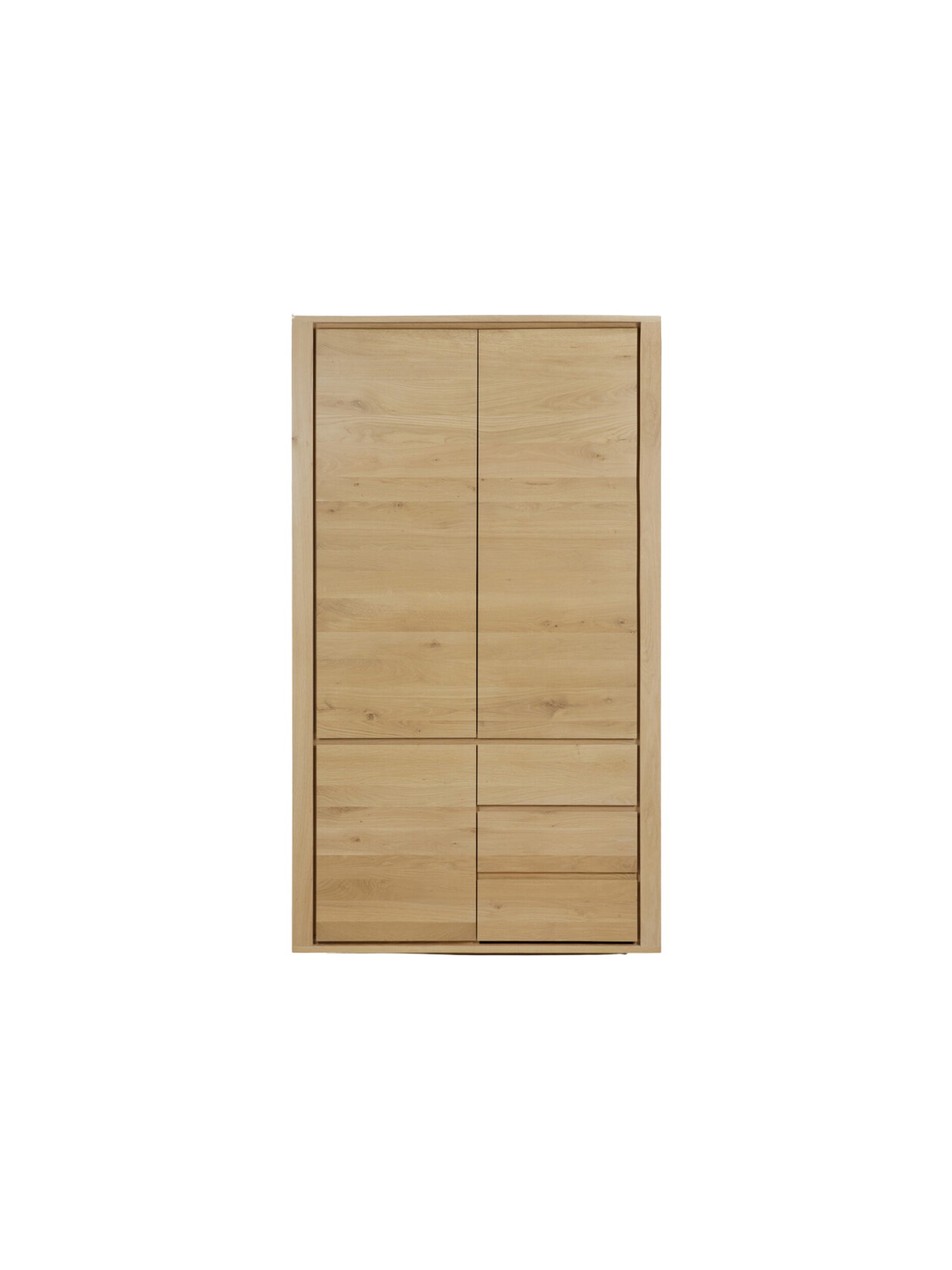 Ethnicraft Shadow Dresser in light oak, displayed head-on against a white background, revealing its symmetrical design with multiple doors and drawers, emphasizing its minimalist aesthetic.