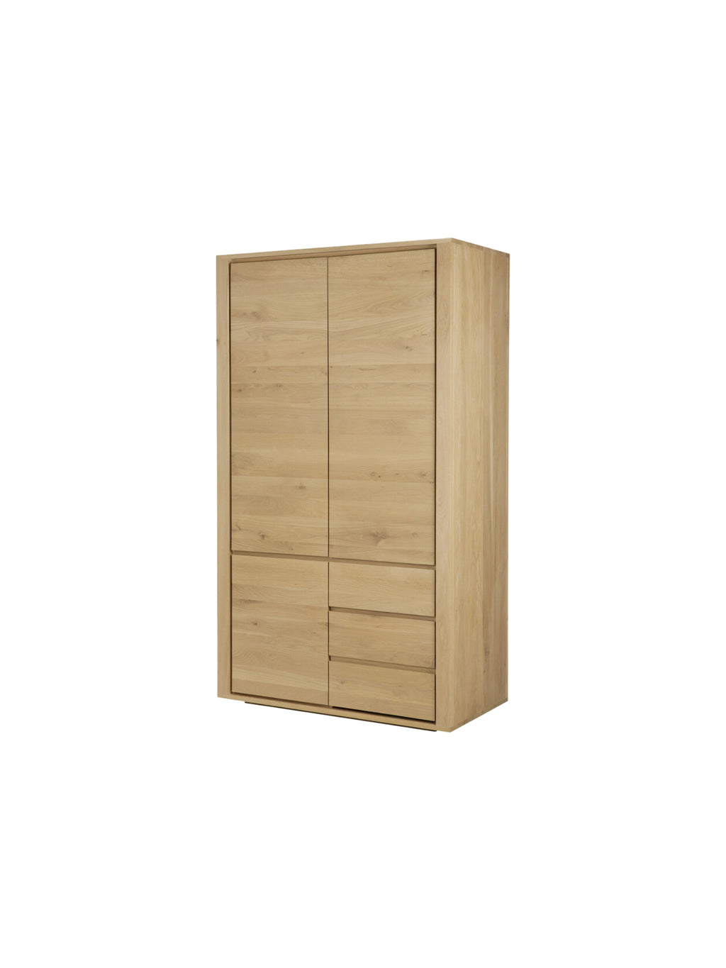 Ethnicraft Shadow Dresser in natural oak, presented from a side angle on a white background, highlighting its tall, slender profile and the seamless integration of its various compartments.