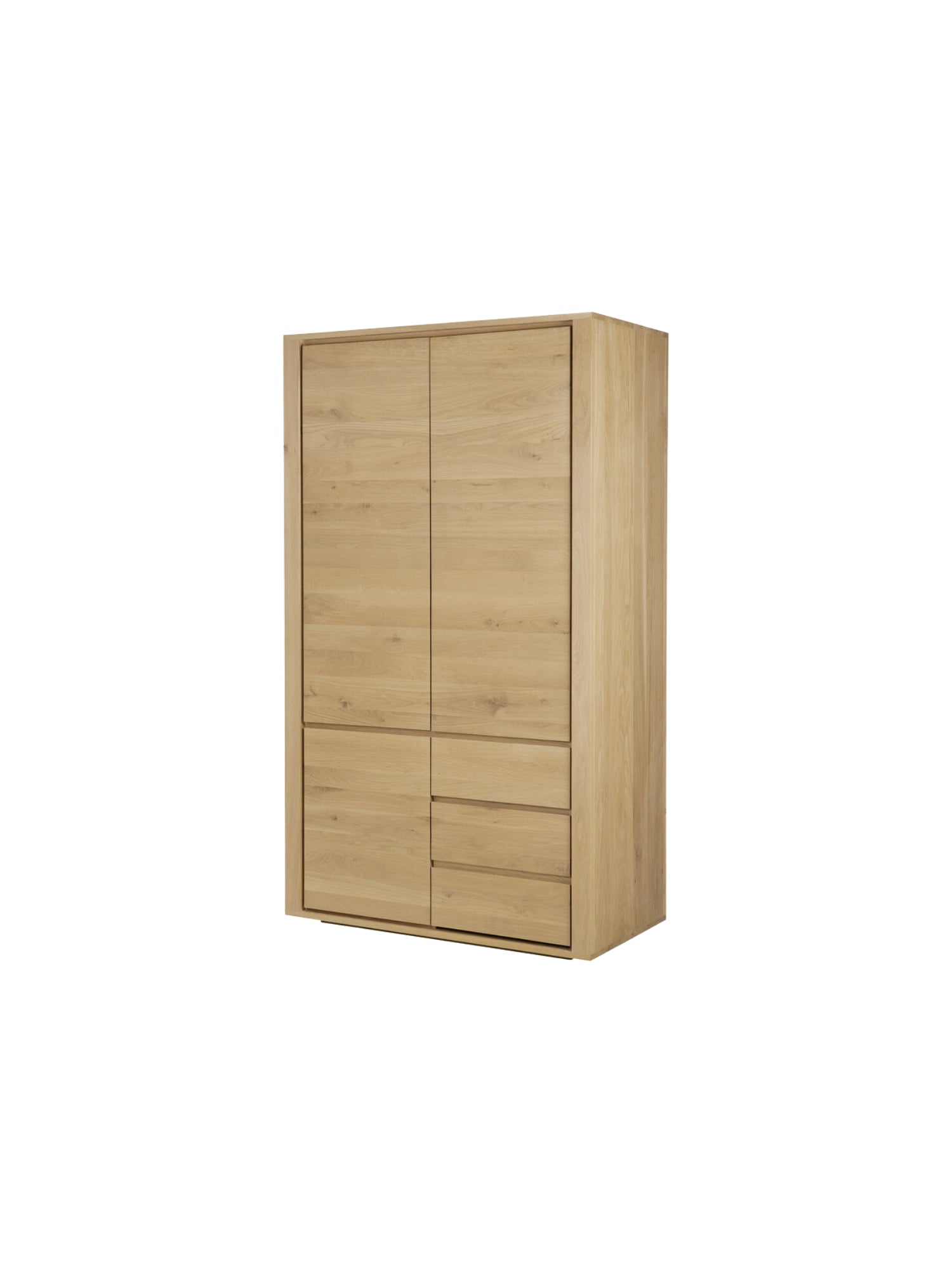 Ethnicraft Shadow Dresser in natural oak, presented from a side angle on a white background, highlighting its tall, slender profile and the seamless integration of its various compartments.