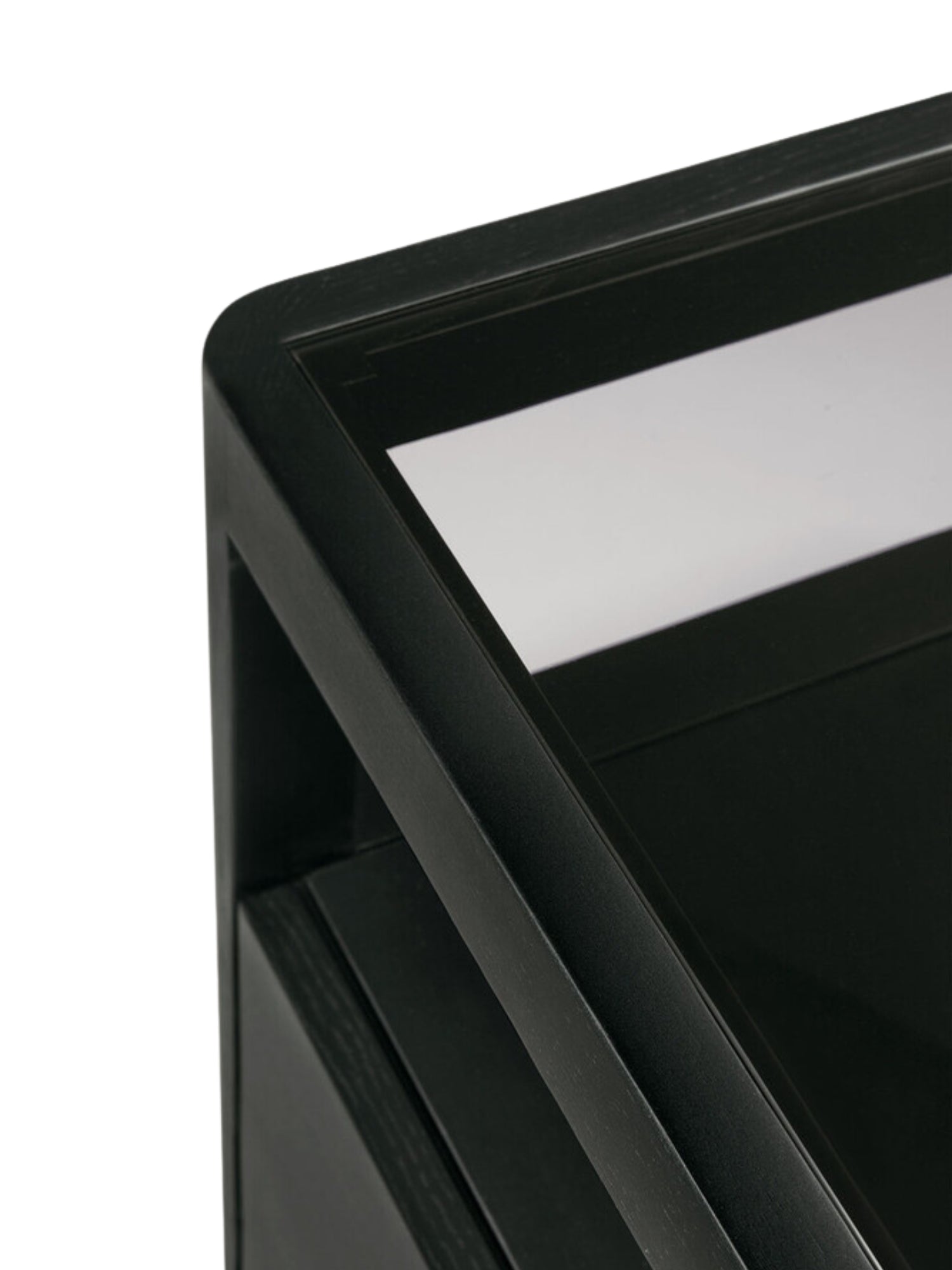 Ethnicraft Spindle Dresser in sophisticated black oak, highlighting the smooth, dark wood grain and the sleek, modern design of the top frame, on a white background.