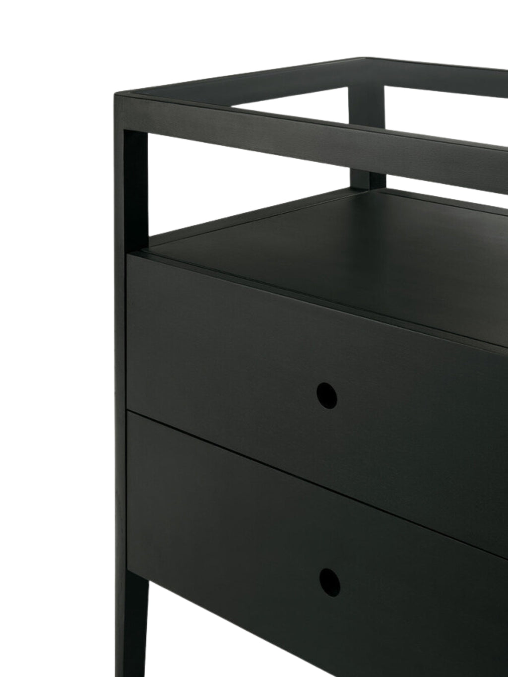 Ethnicraft Spindle Dresser in elegant black oak, showcasing two drawers with subtle round pulls and an open top shelf, displayed on a clean white background.