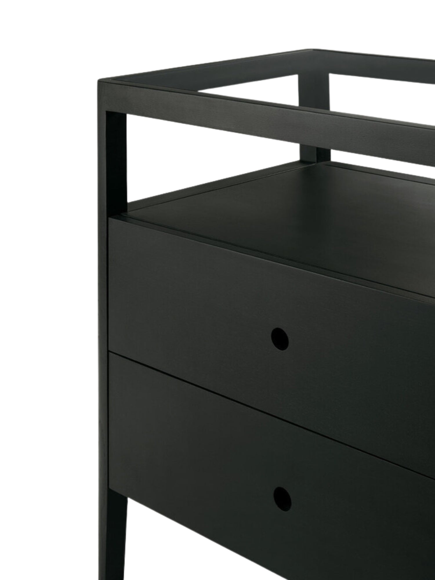Ethnicraft Spindle Dresser in elegant black oak, showcasing two drawers with subtle round pulls and an open top shelf, displayed on a clean white background.