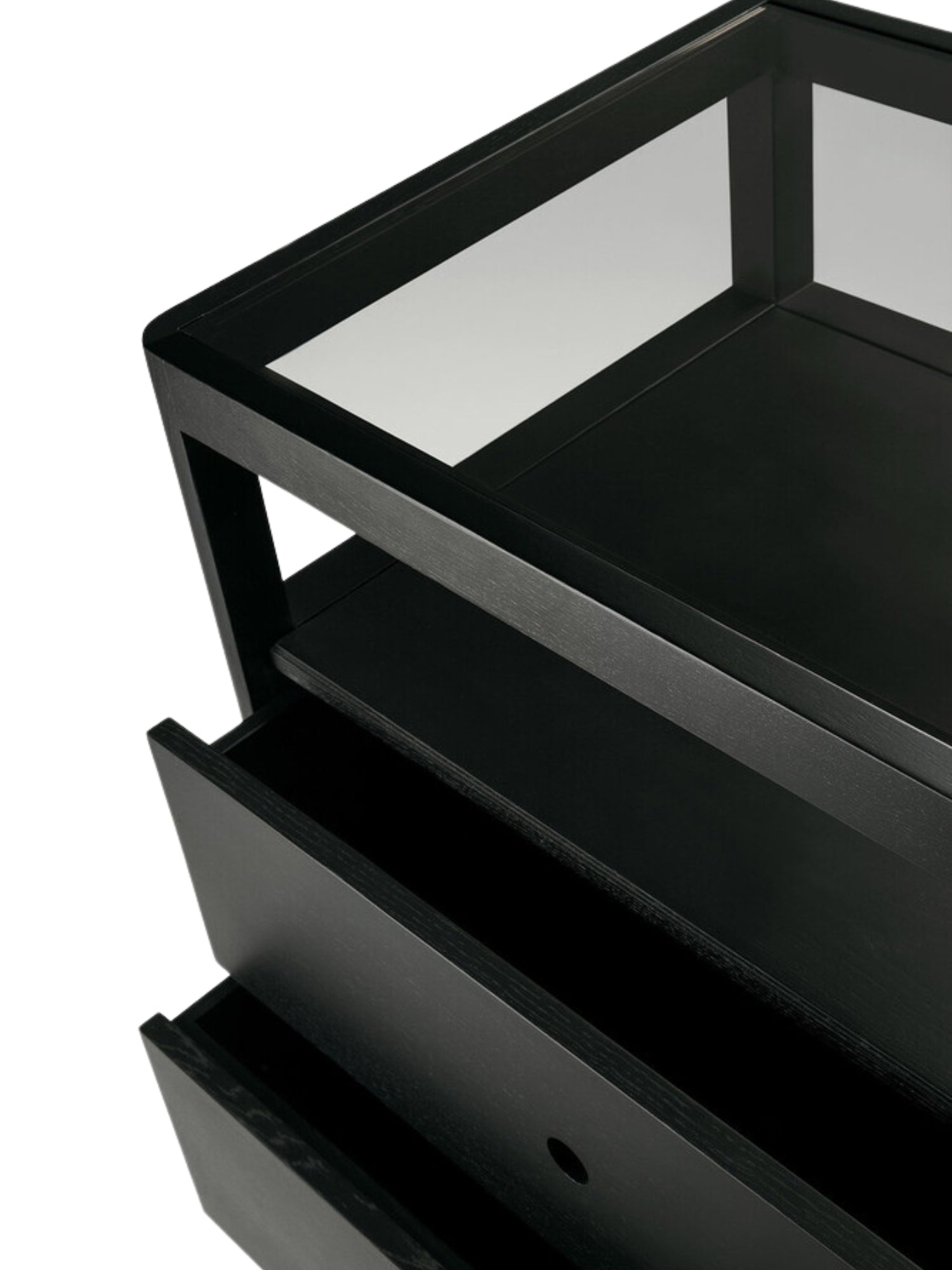 Ethnicraft Spindle Dresser in black oak, showcasing a detailed view of its open top shelf and two partially open drawers, revealing the smooth interior, on a white background.