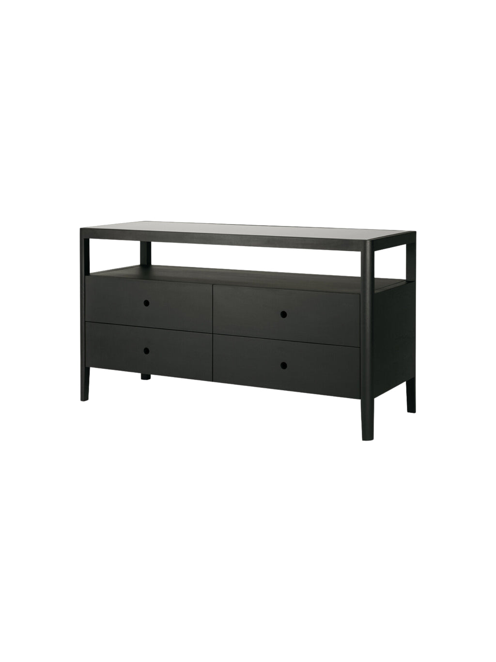 Ethnicraft Spindle Dresser in elegant black oak, showcasing its modern, minimalist design with four closed drawers and a clear glass top, presented on a white background.