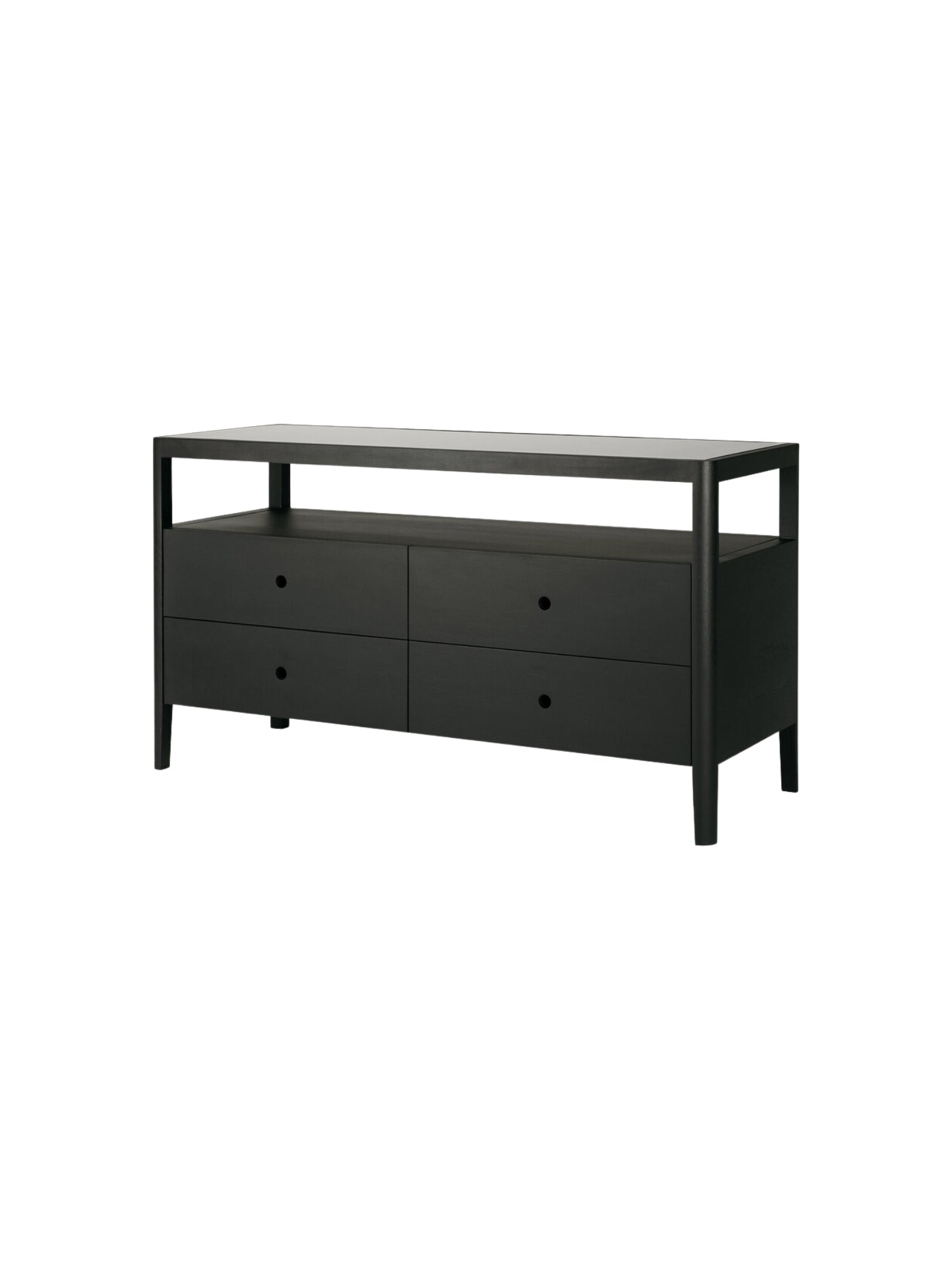 Ethnicraft Spindle Dresser in elegant black oak, showcasing its modern, minimalist design with four closed drawers and a clear glass top, presented on a white background.