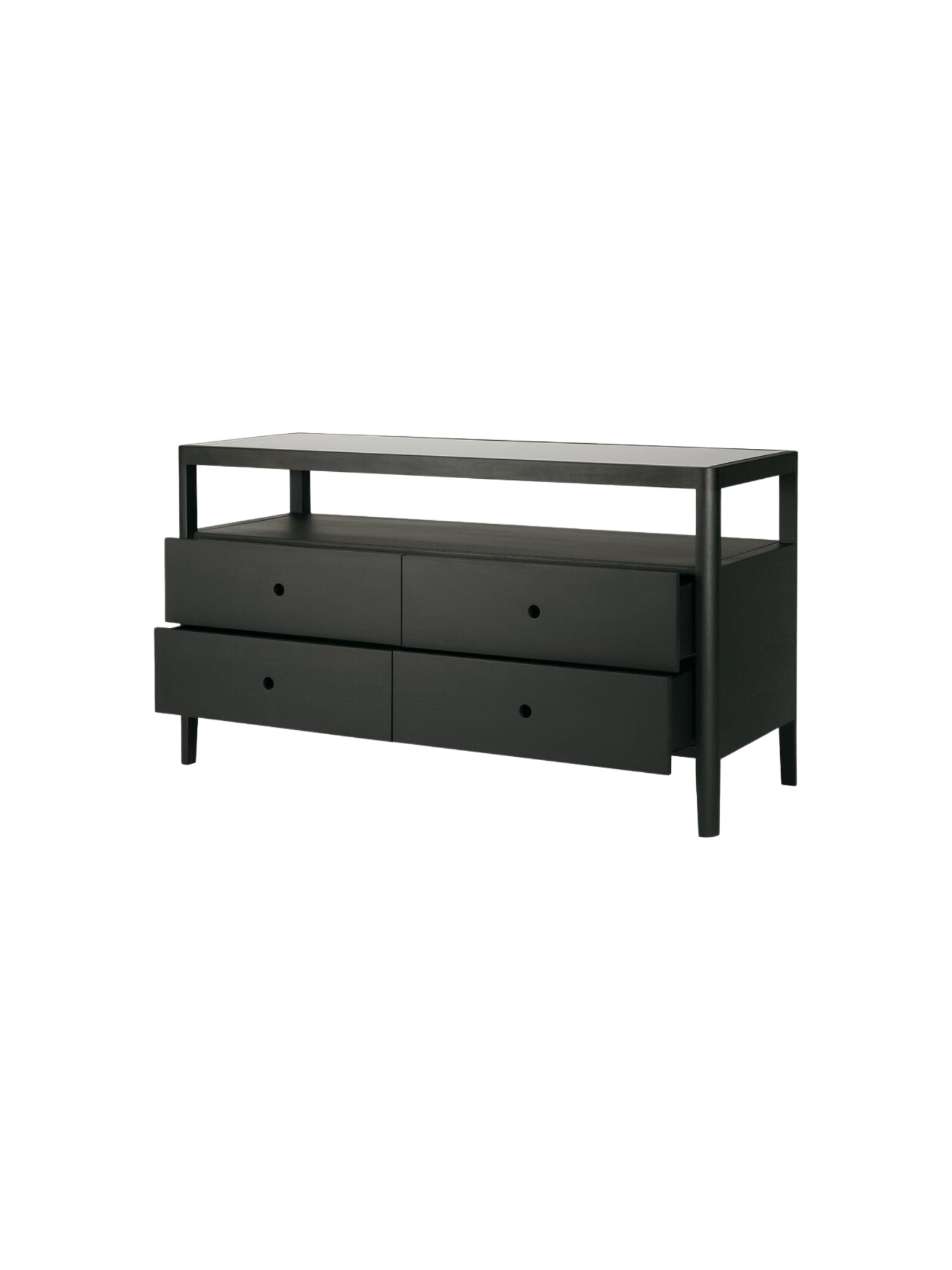 Ethnicraft Spindle Dresser in sleek black oak, featuring four drawers with subtle circular pulls and a top shelf, with one drawer slightly open, on a white background.