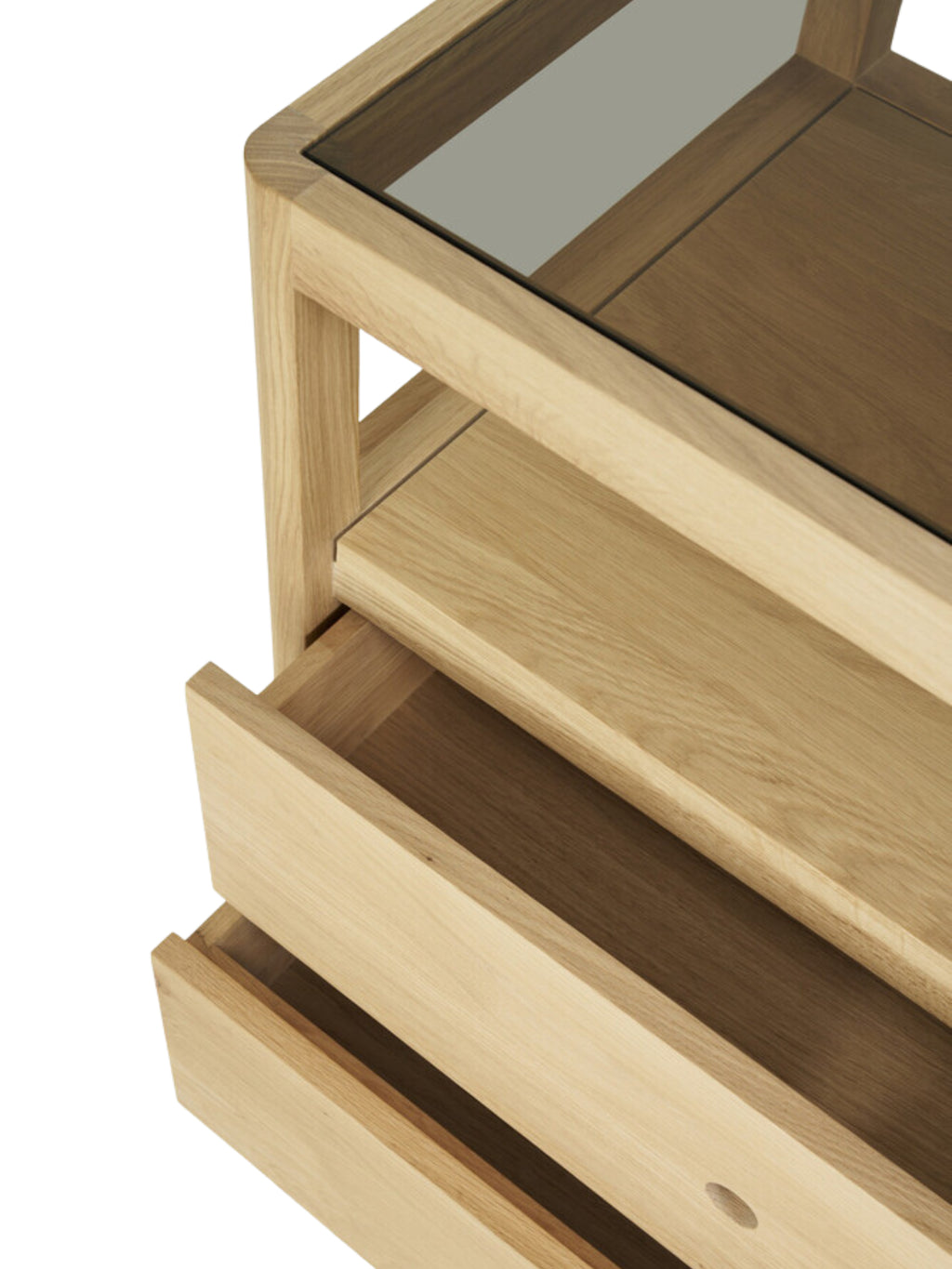 Ethnicraft Spindle Dresser in natural oak, a detailed view of the open drawers revealing the ample storage space and the smooth, light-colored wood grain, on white.