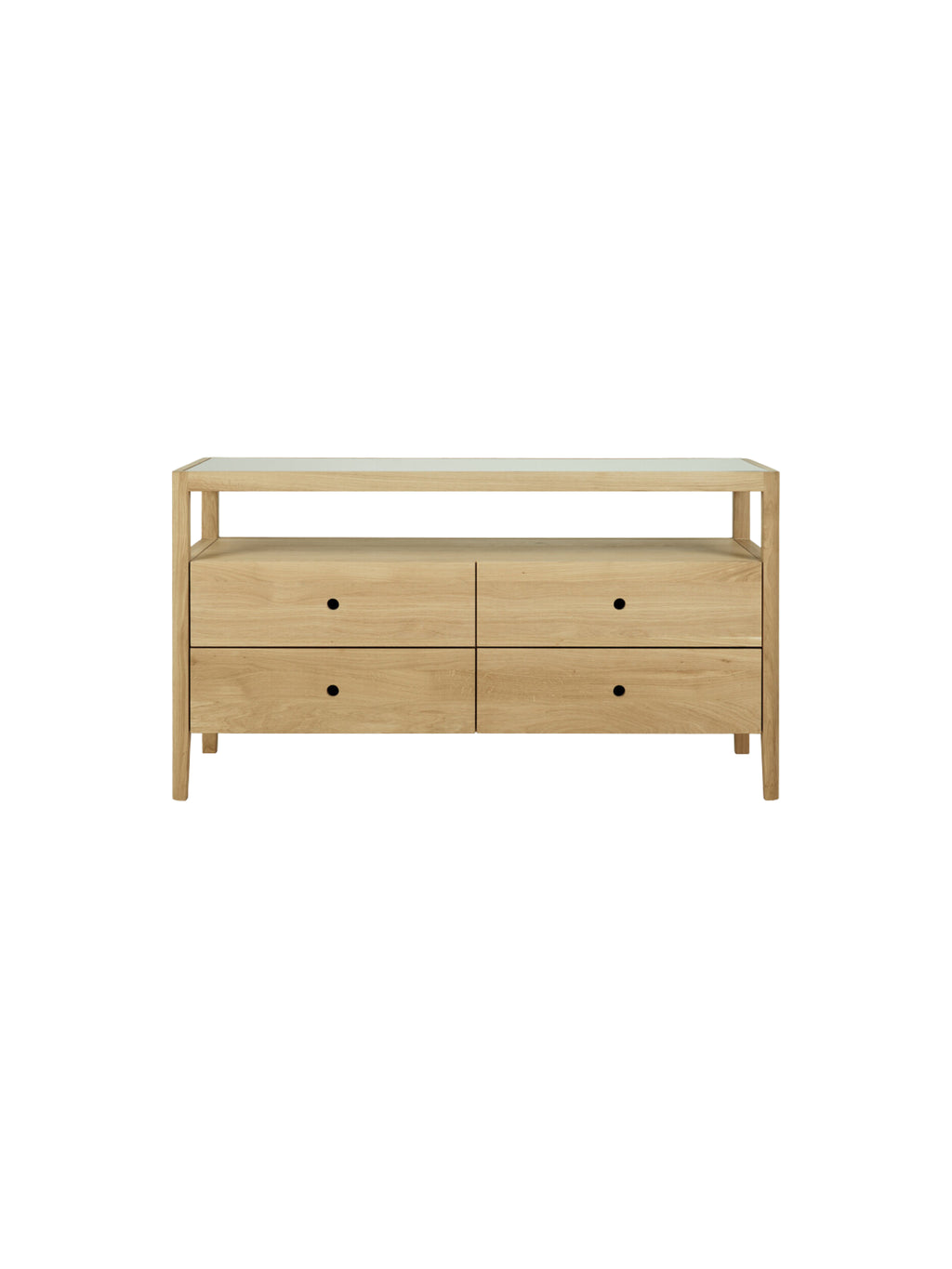 Ethnicraft Spindle Dresser in natural oak, presenting its full front view with four drawers, an open top shelf, and slender legs, against a crisp white background.