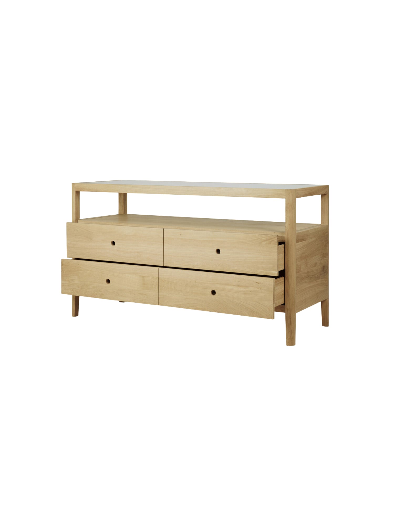 Ethnicraft Spindle Dresser in natural oak, featuring four spacious drawers with minimalist pulls and an open top shelf, viewed from a slight angle on a white background.