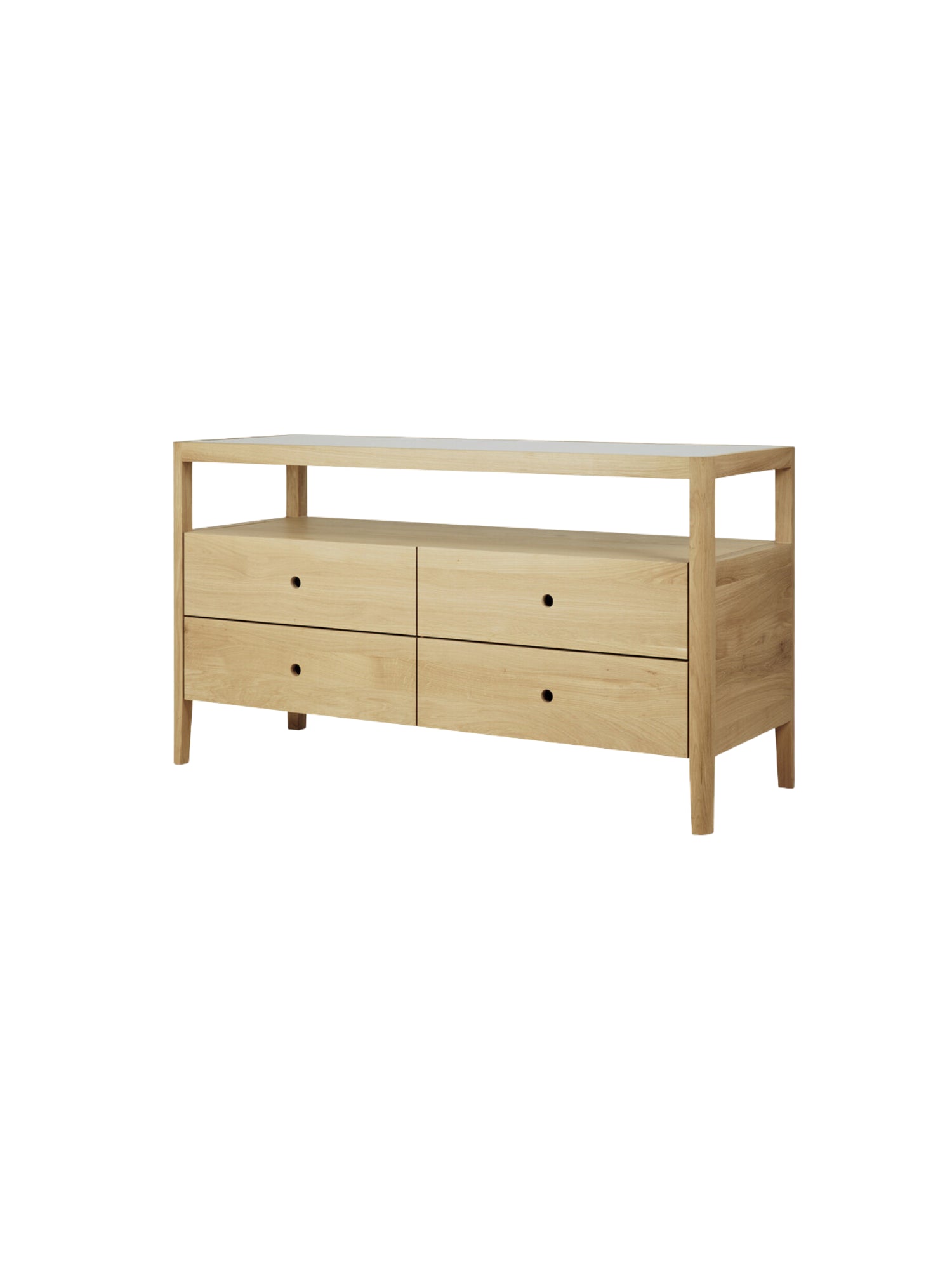 Ethnicraft Spindle Dresser in natural oak, showcasing its clean lines, four drawers with subtle round pulls, and an open top shelf, presented on a white background.