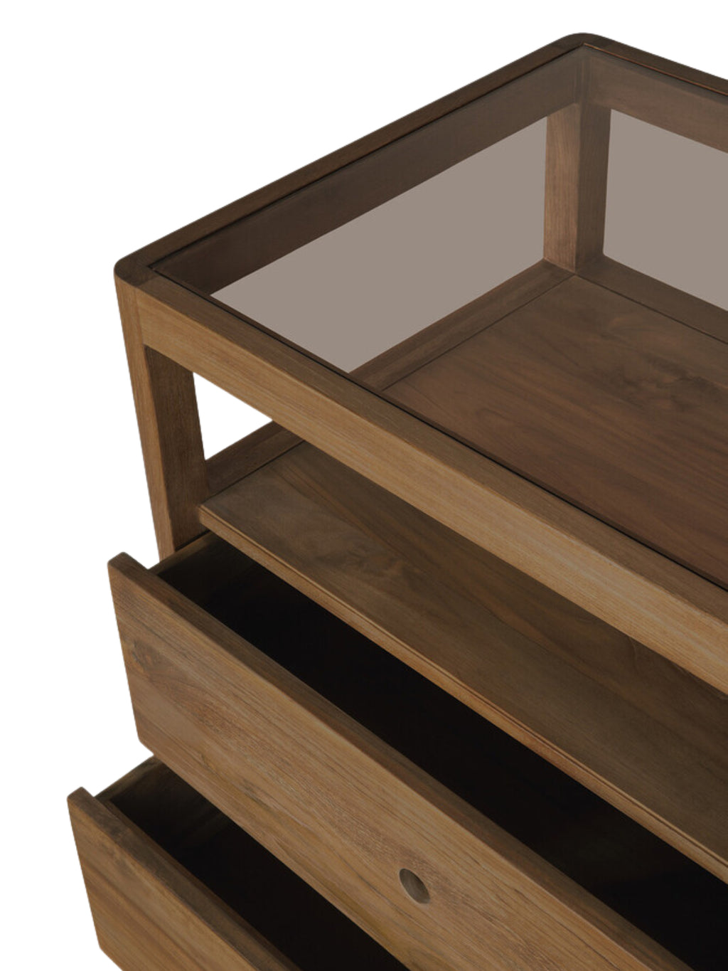 Ethnicraft Spindle Dresser in reclaimed teak, featuring a clear glass top, open shelf, and two partially open drawers revealing ample storage, on a crisp white background.