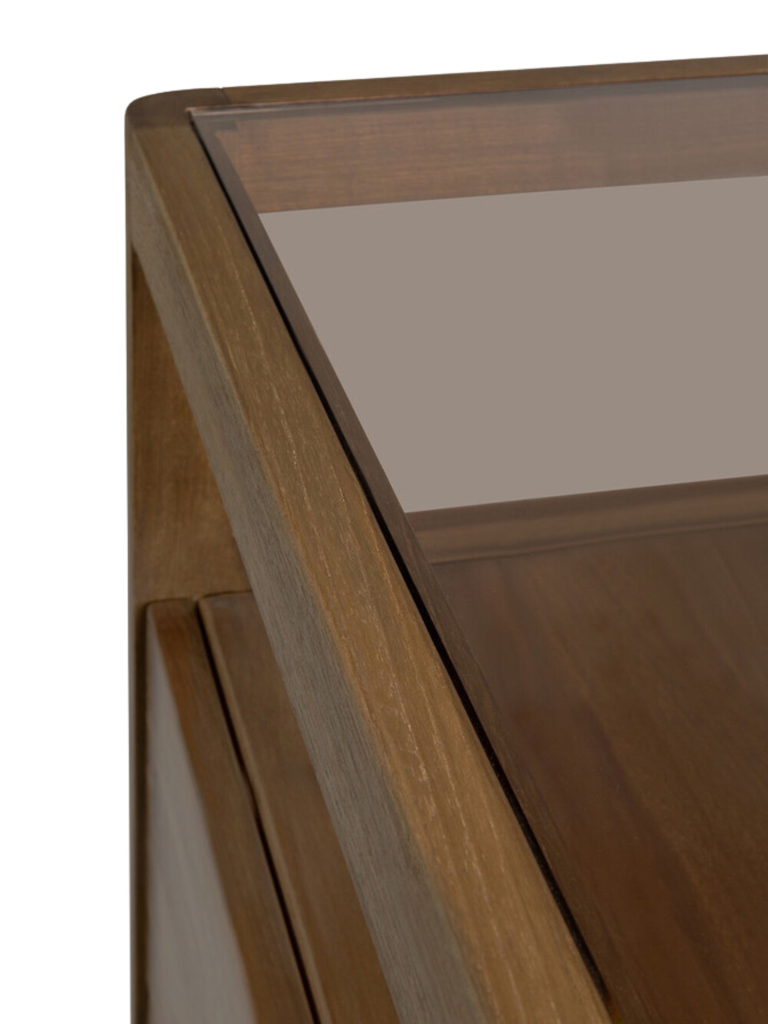 Ethnicraft Spindle Dresser crafted from rich, warm reclaimed teak wood, showcasing a smooth glass top and elegant rounded corner detail, displayed on a clean white background.