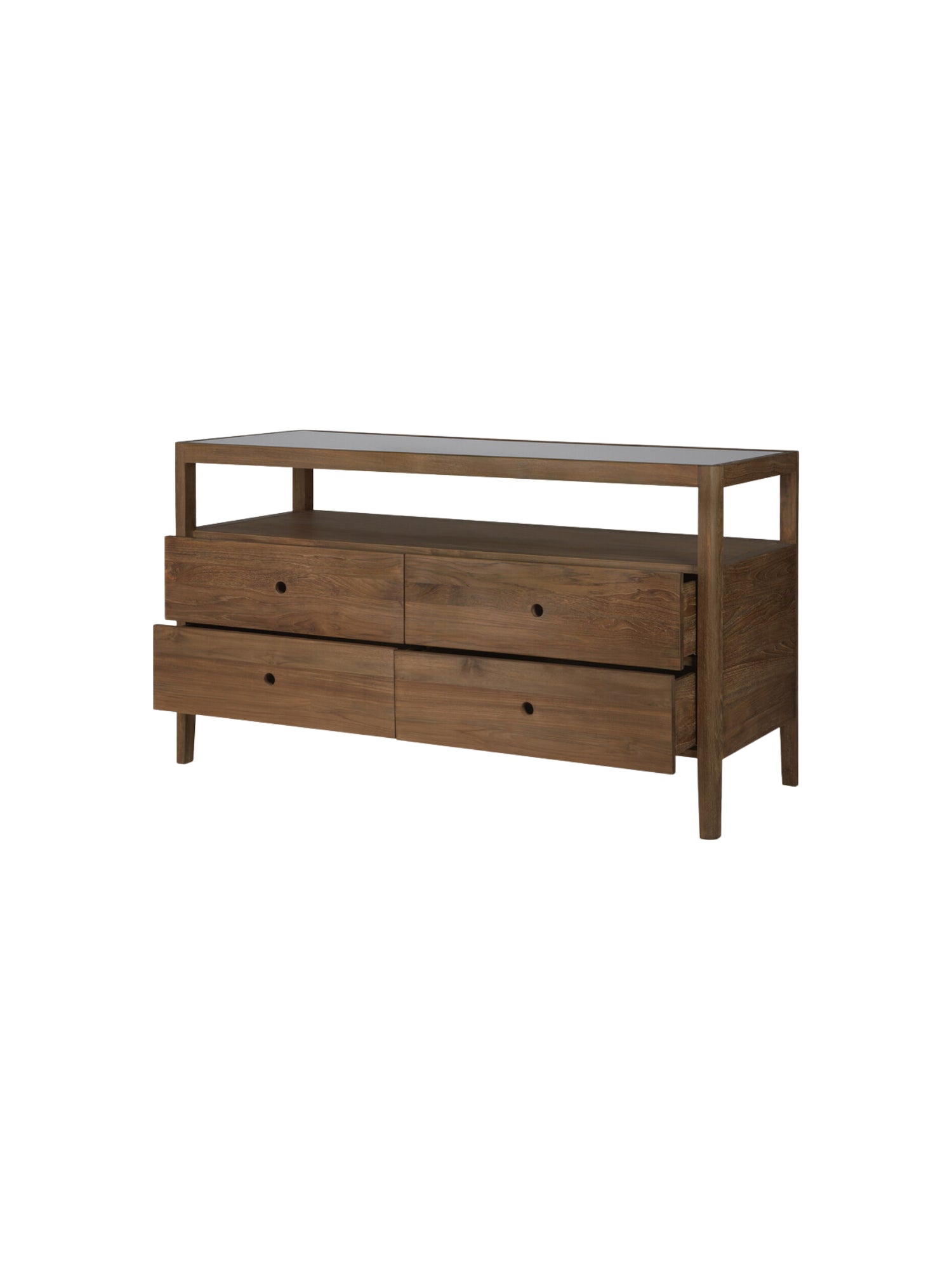 Ethnicraft Spindle Dresser, a side view of the elegant reclaimed teak wood dresser with four drawers, one slightly open, and a clear glass top, on a clean white background.