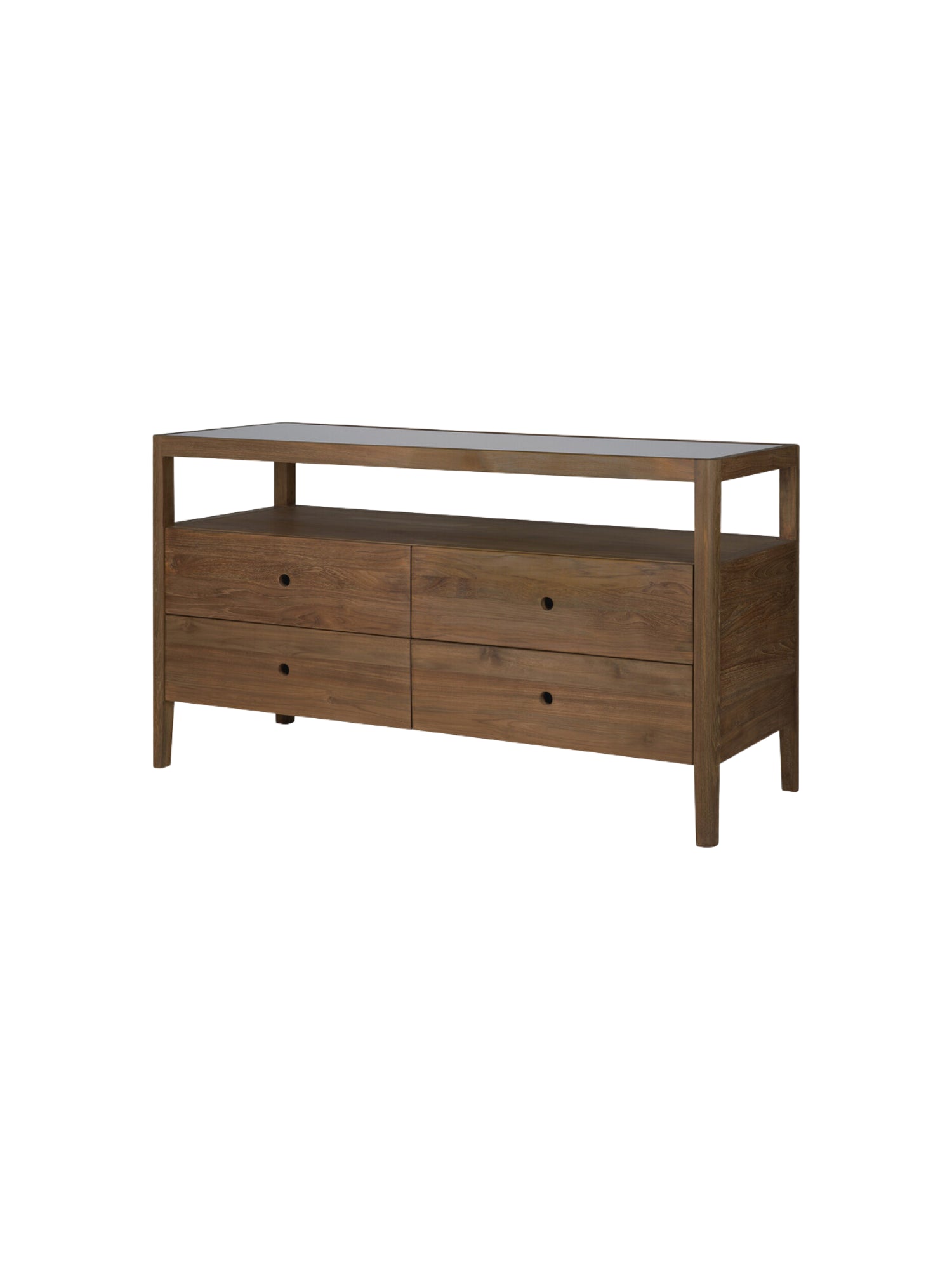 Ethnicraft Spindle Dresser, a full side profile of the sophisticated reclaimed teak wood dresser, showcasing its slender legs, four drawers, and clear glass top, on a white background.