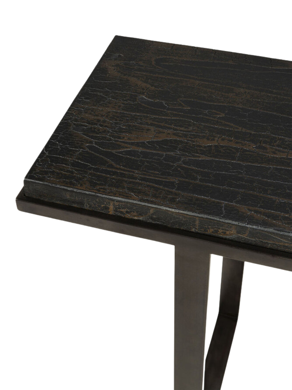 Ethnicraft Stability Console, a close-up detail shot of the dark brown wooden tabletop, revealing a rich, textured surface with visible wood grain and subtle cracks, showcasing its rustic yet refined aesthetic.