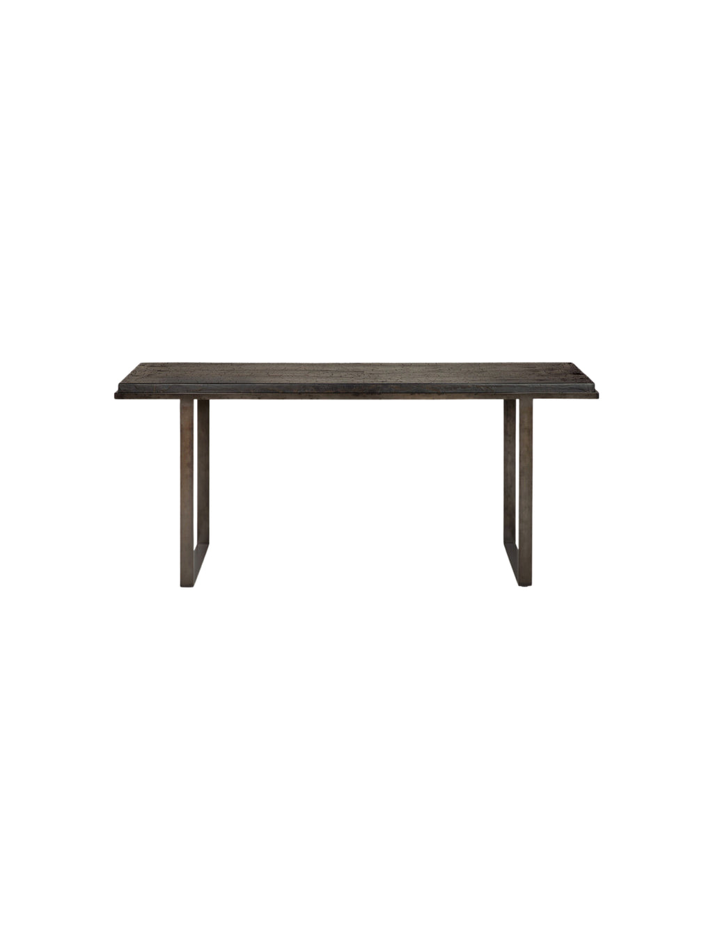 Ethnicraft Stability Console, a modern and minimalist console table featuring a long, dark brown wooden top with a subtle grain texture, supported by two sleek, dark metal U-shaped legs, displayed on a clean white background.