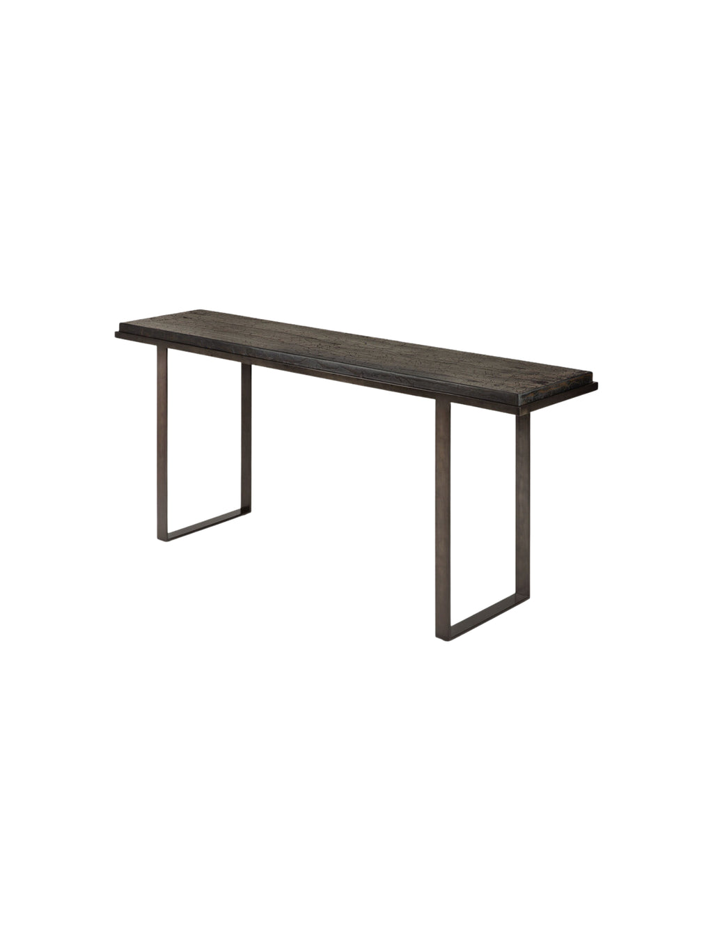 Ethnicraft Stability Console, showcasing its long, slender dark brown textured top and sturdy, minimalist metal U-shaped legs. The elegant console is presented on a clean white background, emphasizing its modern design.