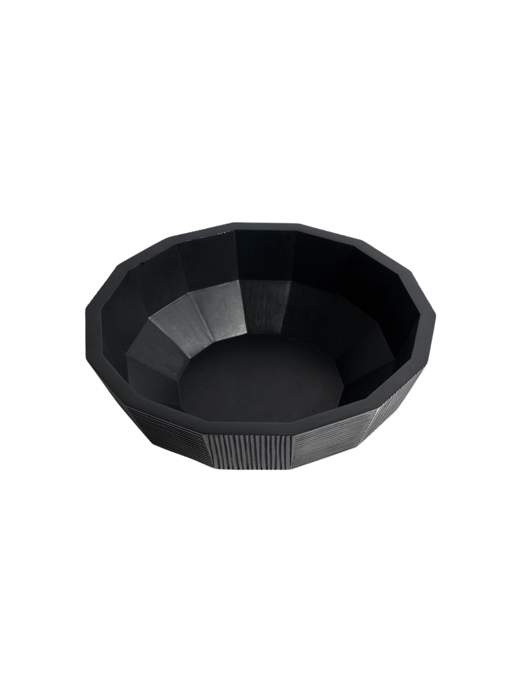 Ethnicraft Striped Bowl, a top-down view of the elegant black wooden bowl, showcasing its wide, shallow design and the intricate, multi-directional striped patterns on its exterior, on a white background.