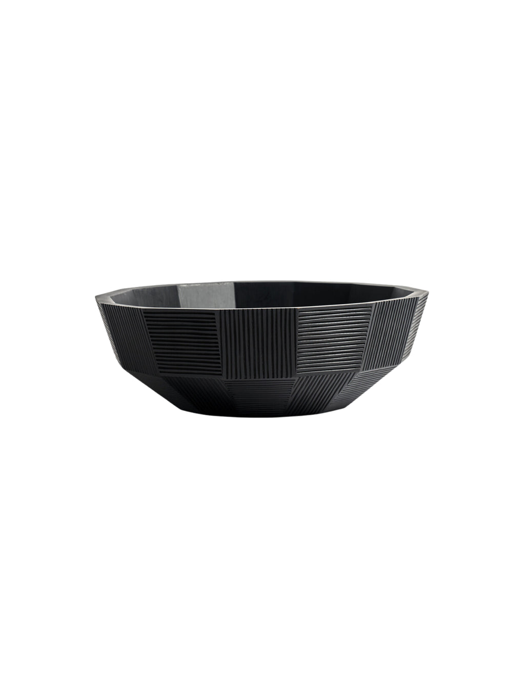 Ethnicraft Striped Bowl, a modern and elegant black wooden bowl with a unique faceted design and detailed horizontal and vertical striped texture, displayed on a clean white background.