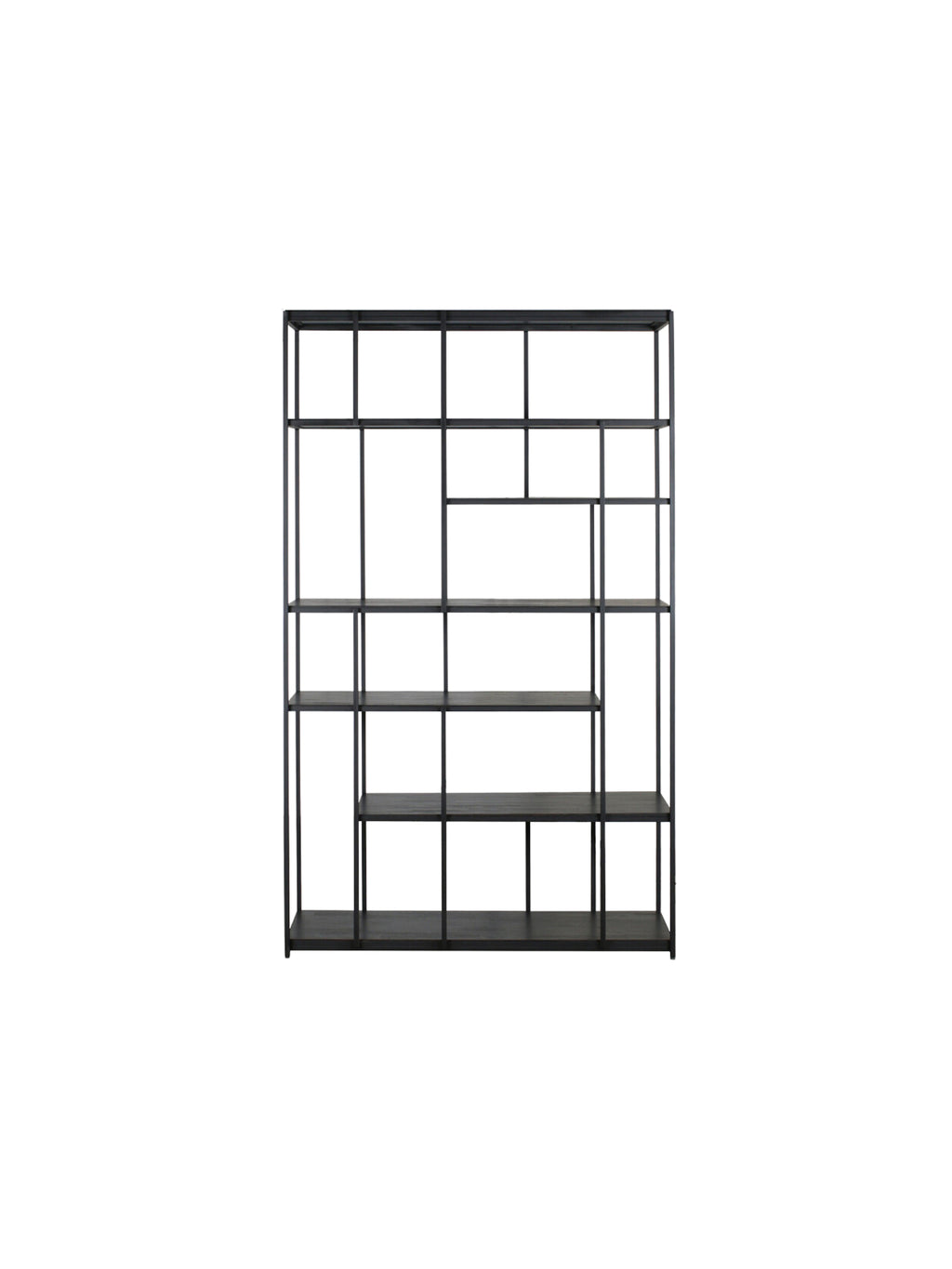 Ethnicraft Studio Rack, a striking black teak shelving unit with a unique, geometric grid pattern. This modern and functional piece offers ample storage, displayed on a white background.