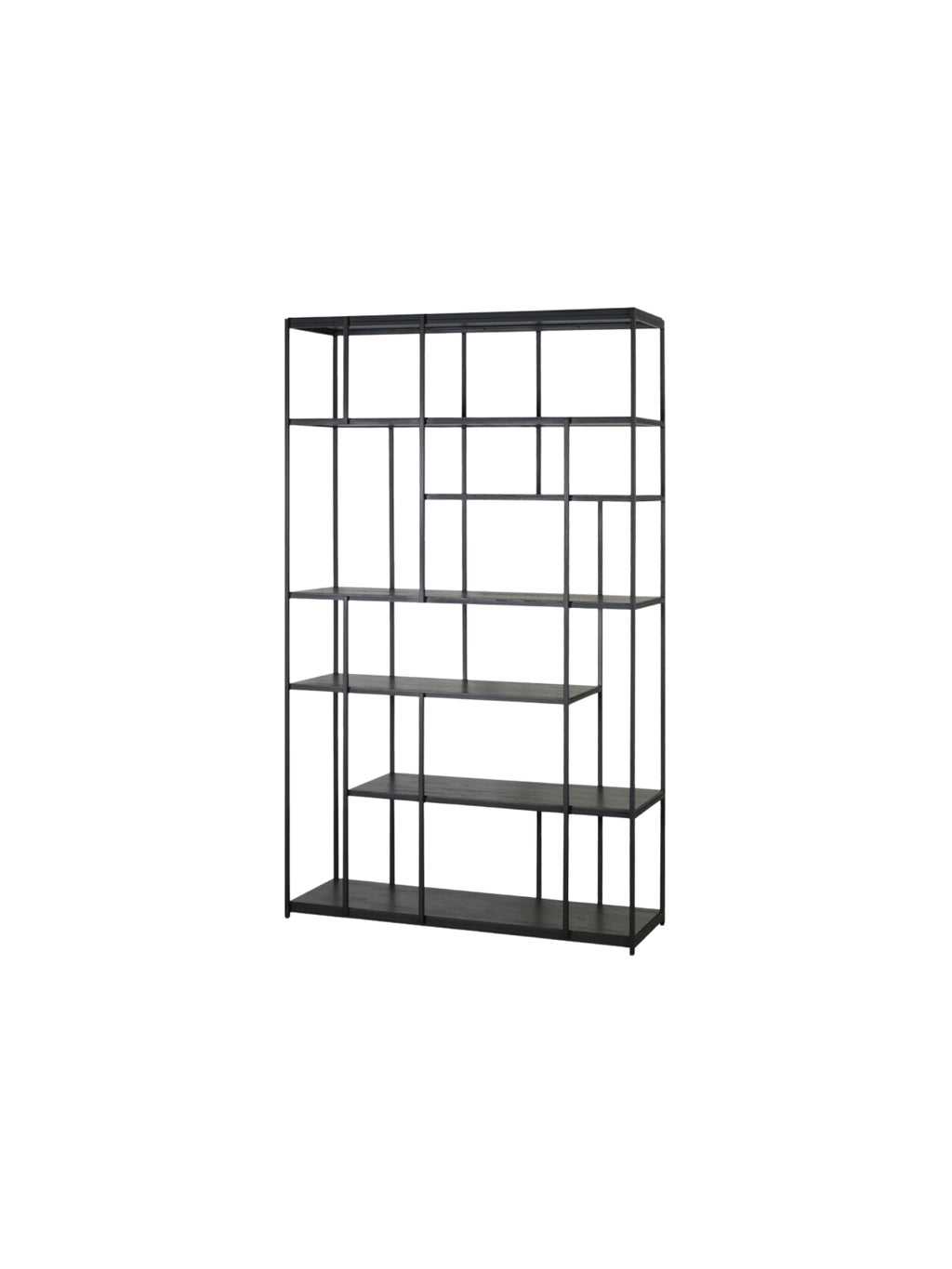 Ethnicraft Studio Rack, a modern and elegant black metal shelving unit with an asymmetrical, open-frame design, featuring multiple spacious shelves, displayed on a clean white background.