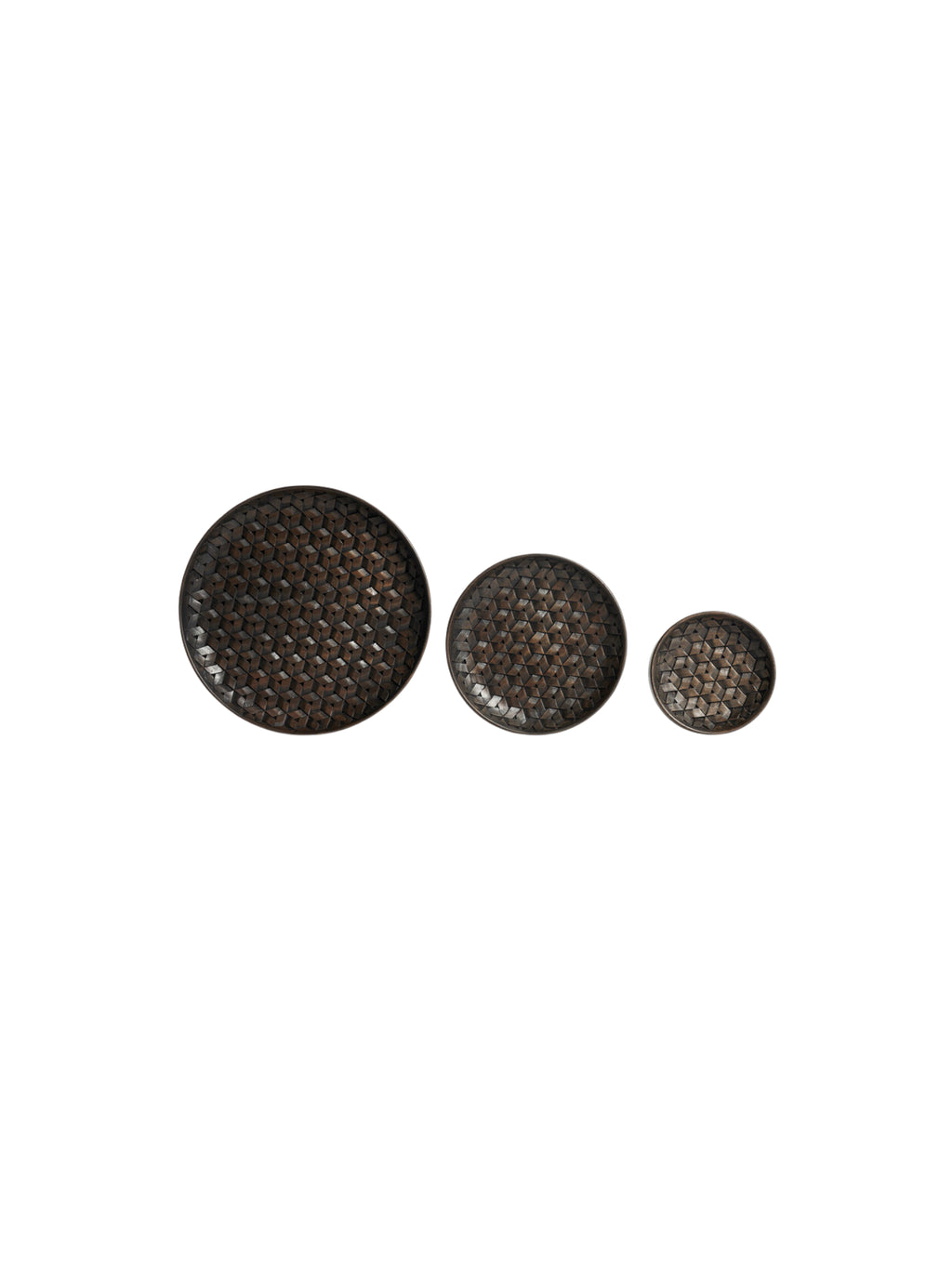 Ethnicraft Tampa Boards Set, three distinct round dark brown wooden serving boards, varying in size, each featuring an elegant geometric woven pattern, displayed individually on a white background.