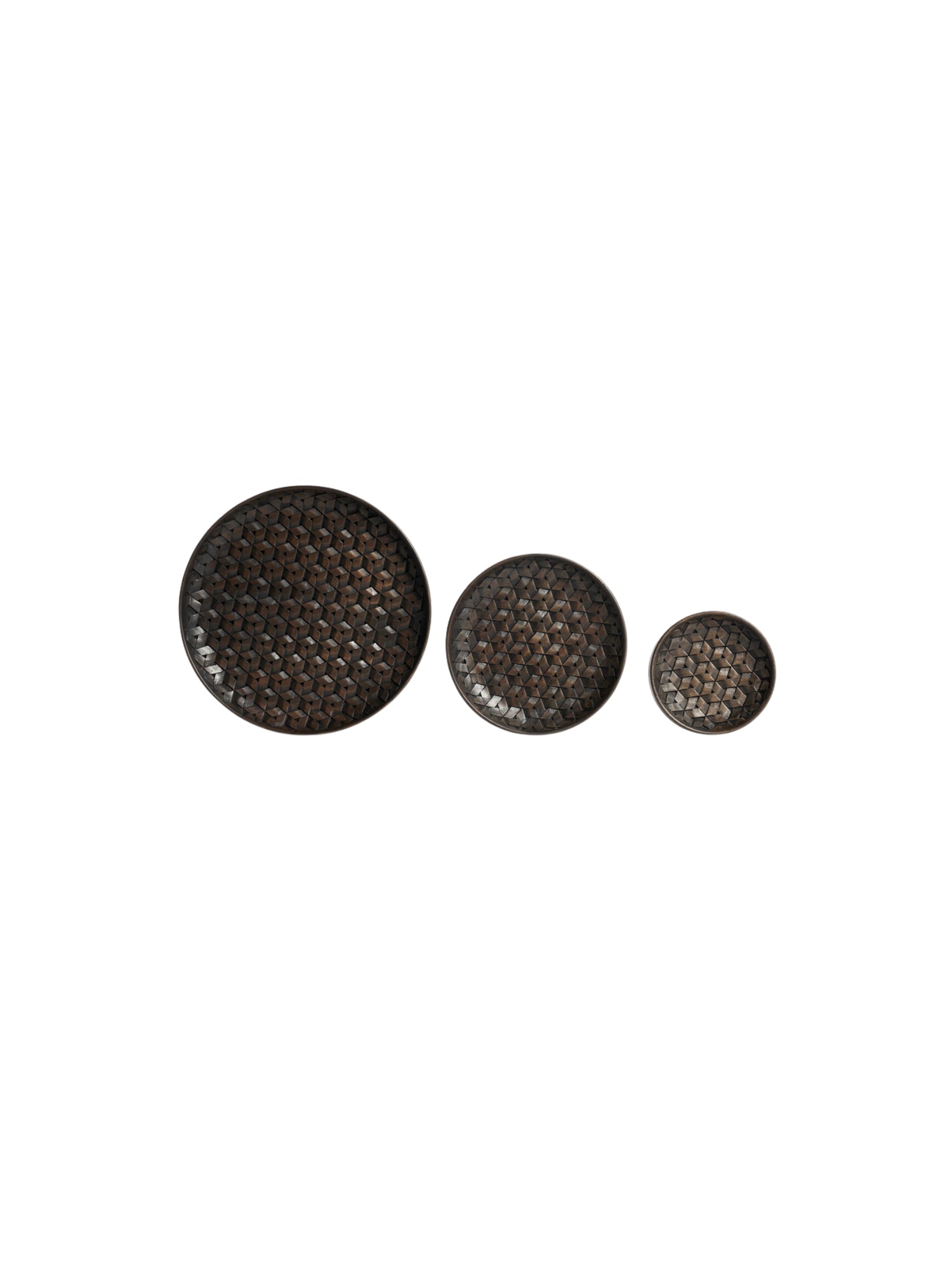Ethnicraft Tampa Boards Set, three distinct round dark brown wooden serving boards, varying in size, each featuring an elegant geometric woven pattern, displayed individually on a white background.