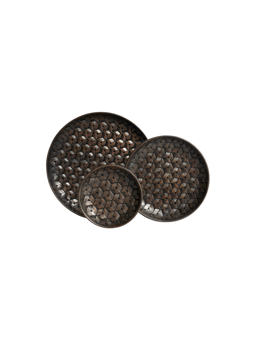 Ethnicraft Tampa Boards Set, an aerial view of three round dark brown wooden serving boards, varying in size, showcasing their distinct geometric woven patterns, arranged on a clean white background.