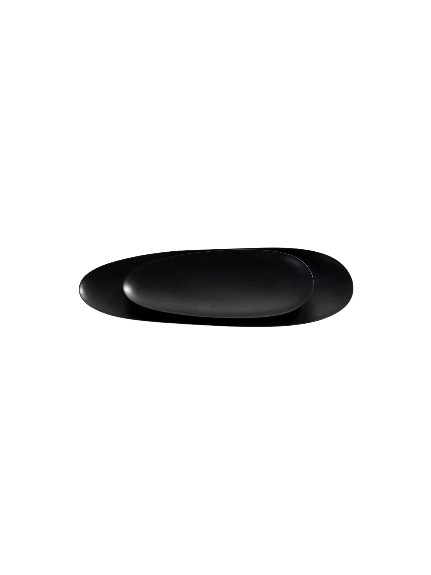 Ethnicraft Thin Oval Boards Set in mahogany black, presented as two sleek, dark oval boards stacked on top of each other, viewed from a top-down perspective, isolated on a clean white background, highlighting their smooth finish.