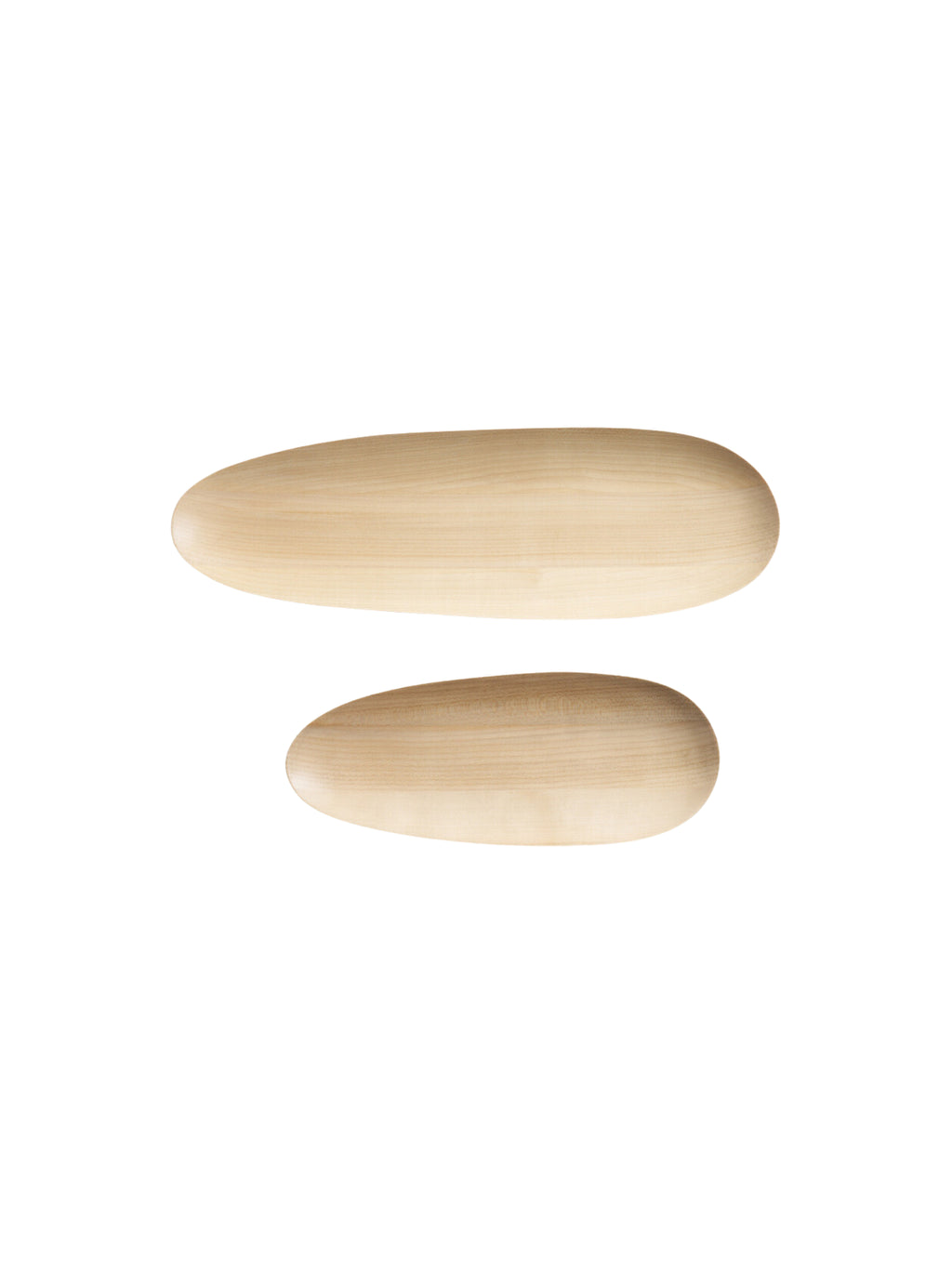 Ethnicraft Thin Oval Boards Set, featuring two distinct oval boards made from light sycamore wood, arranged side-by-side. The natural wood color and smooth, understated design emphasize their organic aesthetic and versatile use, presented on a white background.