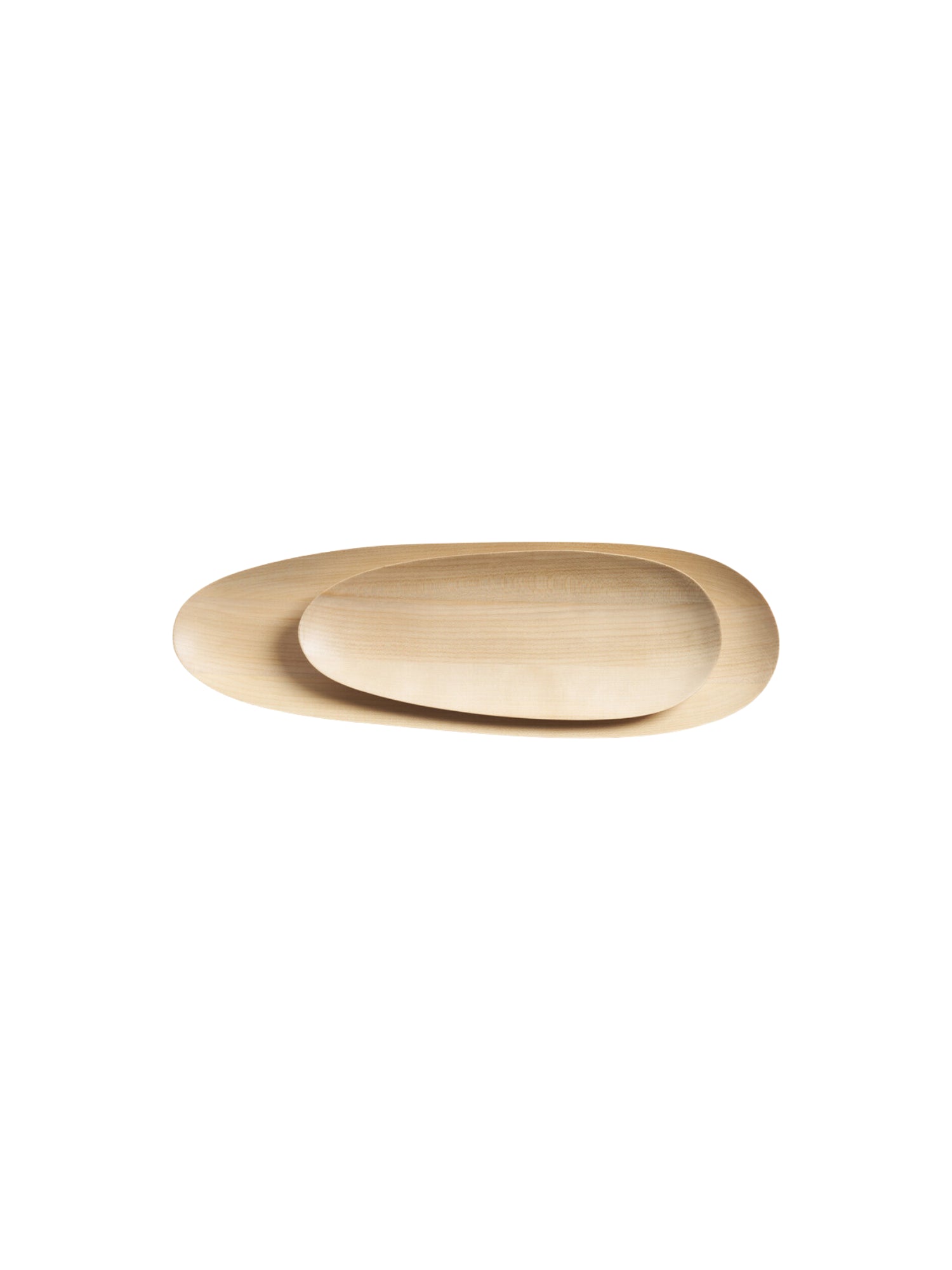 Ethnicraft Thin Oval Boards Set, showcasing two elegant, light sycamore wood serving boards. The larger board is positioned beneath the smaller one, both featuring a smooth, natural grain and a shallow, curved design, displayed on a white background.