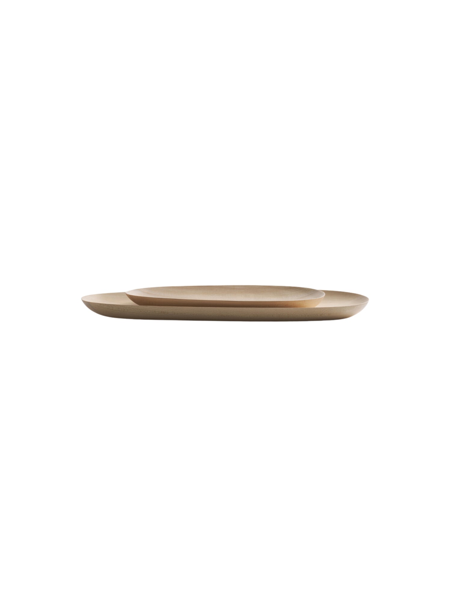Ethnicraft Thin Oval Boards Set in sycamore, showcasing two elegant, light-toned oval boards with a smooth, natural wood finish, stacked slightly and viewed from a side angle, isolated on a clean white background, highlighting their minimalist design.