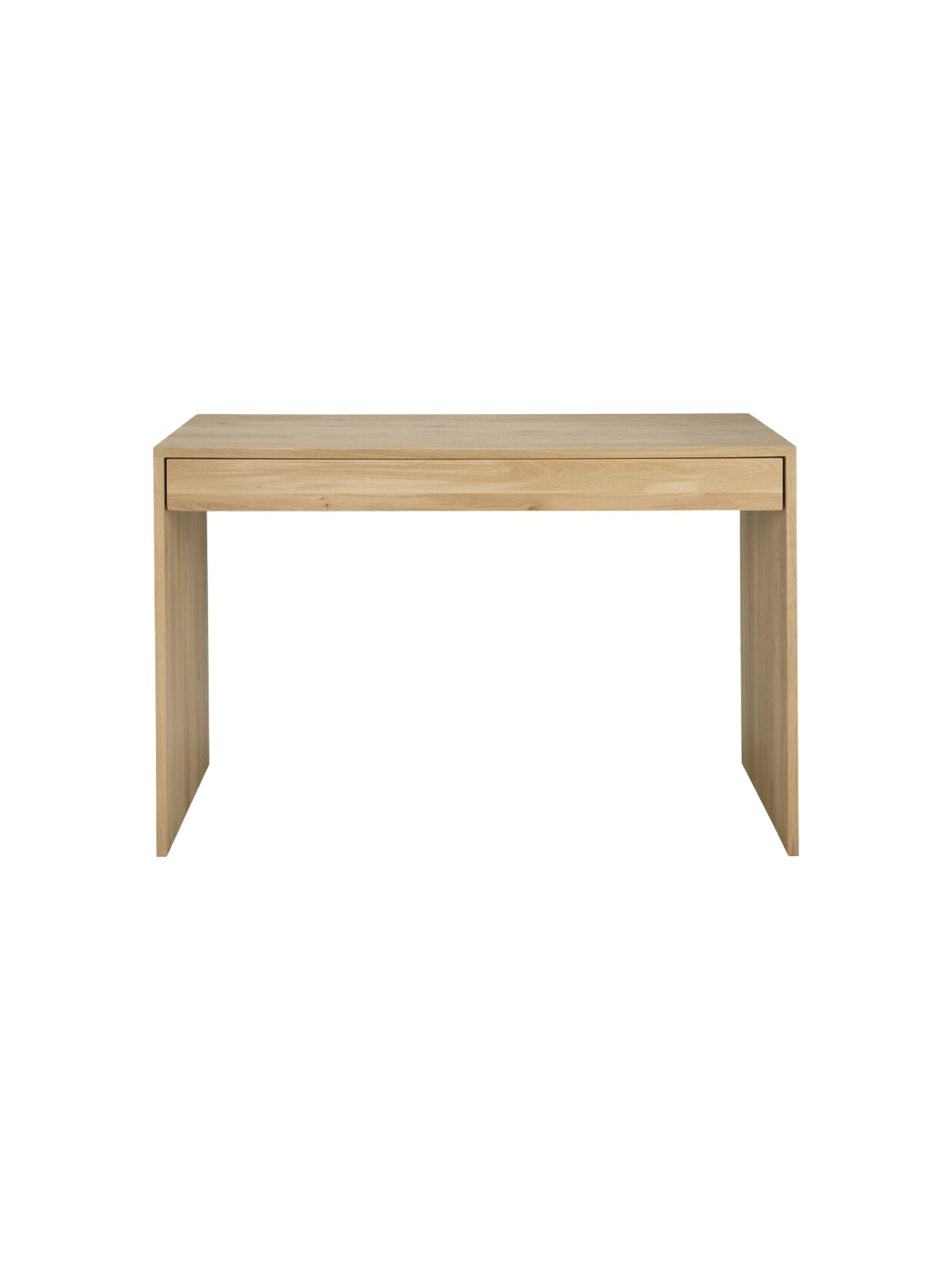 Ethnicraft Wave Desk, a modern solid oak desk, presented from the front, showcasing its clean lines, spacious top, and a subtle, integrated drawer in natural light brown wood, on a white background.