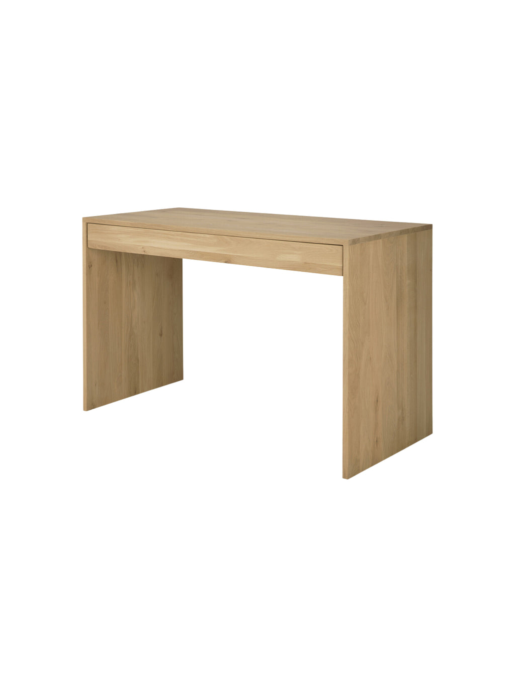 Ethnicraft Wave Desk, a contemporary solid oak desk, displayed from a side perspective, highlighting its sleek profile and integrated drawer, crafted from beautiful light brown wood, on a white background.