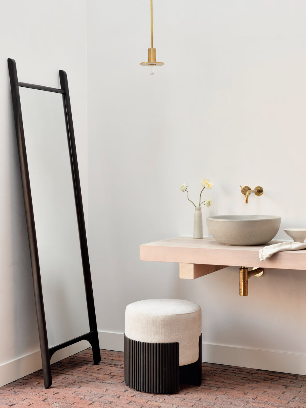 Ethnicraft PI Floor Mirror, a sleek modern leaning mirror featuring a dark brown stained solid wood frame with a minimalist design and soft rounded edges. This full-length contemporary mirror offers a sophisticated and functional accent for minimalist bedrooms, modern living rooms, or elegant entryways.