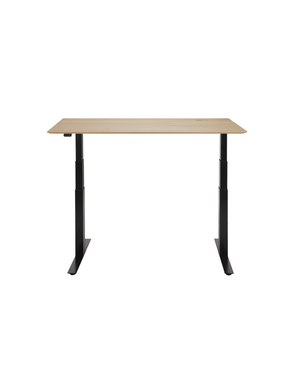 Ethnicraft Bok Adjustable Desk with a natural oak tabletop and a sophisticated black frame, presented from the front, emphasizing its contemporary aesthetic and durable construction on a white background.