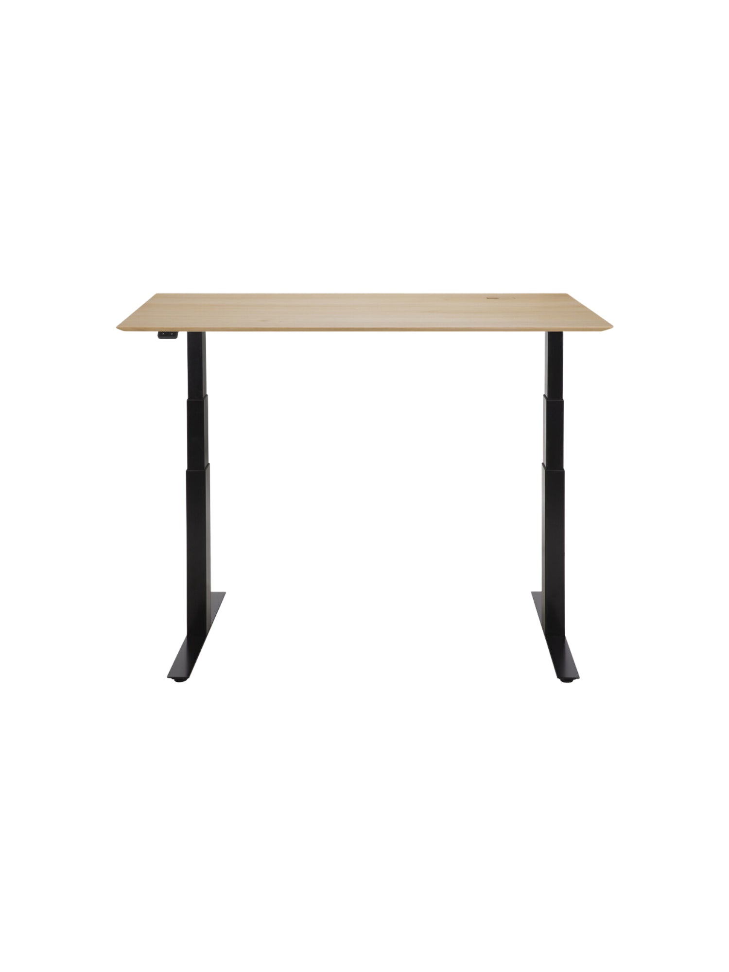 Ethnicraft Bok Adjustable Desk with a natural oak tabletop and a sophisticated black frame, presented from the front, emphasizing its contemporary aesthetic and durable construction on a white background.