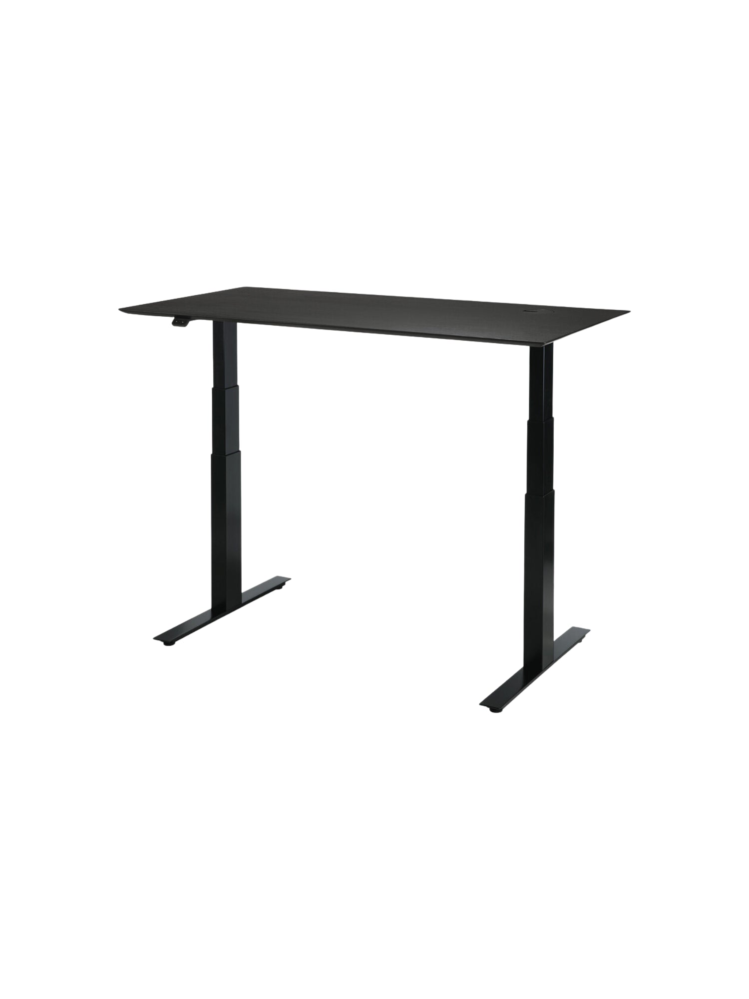 Ethnicraft Bok Adjustable Desk with a sleek black tabletop and sturdy black frame, showcasing its modern, minimalist design. The elegant desk is displayed on a clean white background.