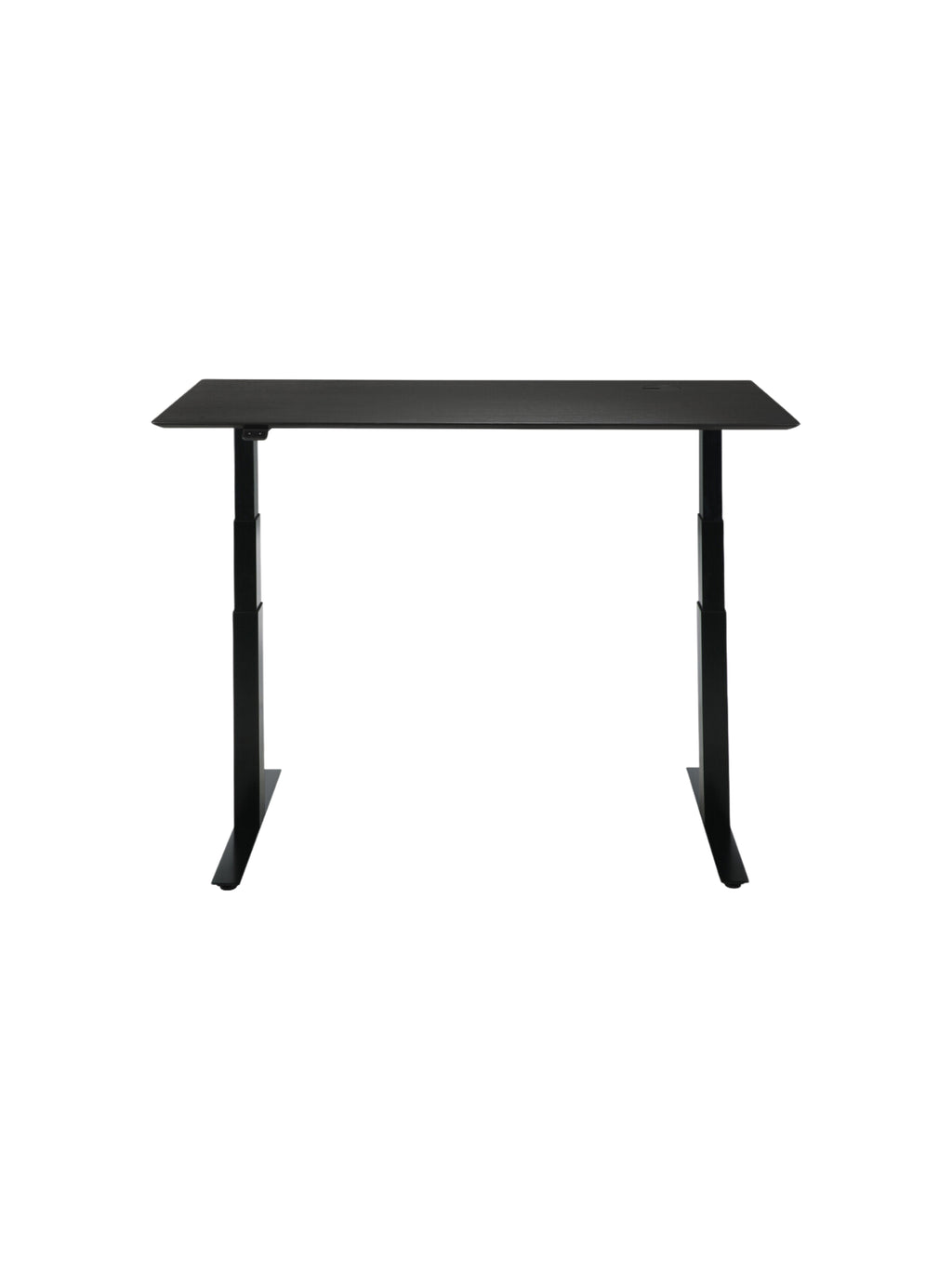 Ethnicraft Bok Adjustable Desk with a dark black oak tabletop and a matching black frame, shown from the front, exuding a modern, professional look against a white background.
