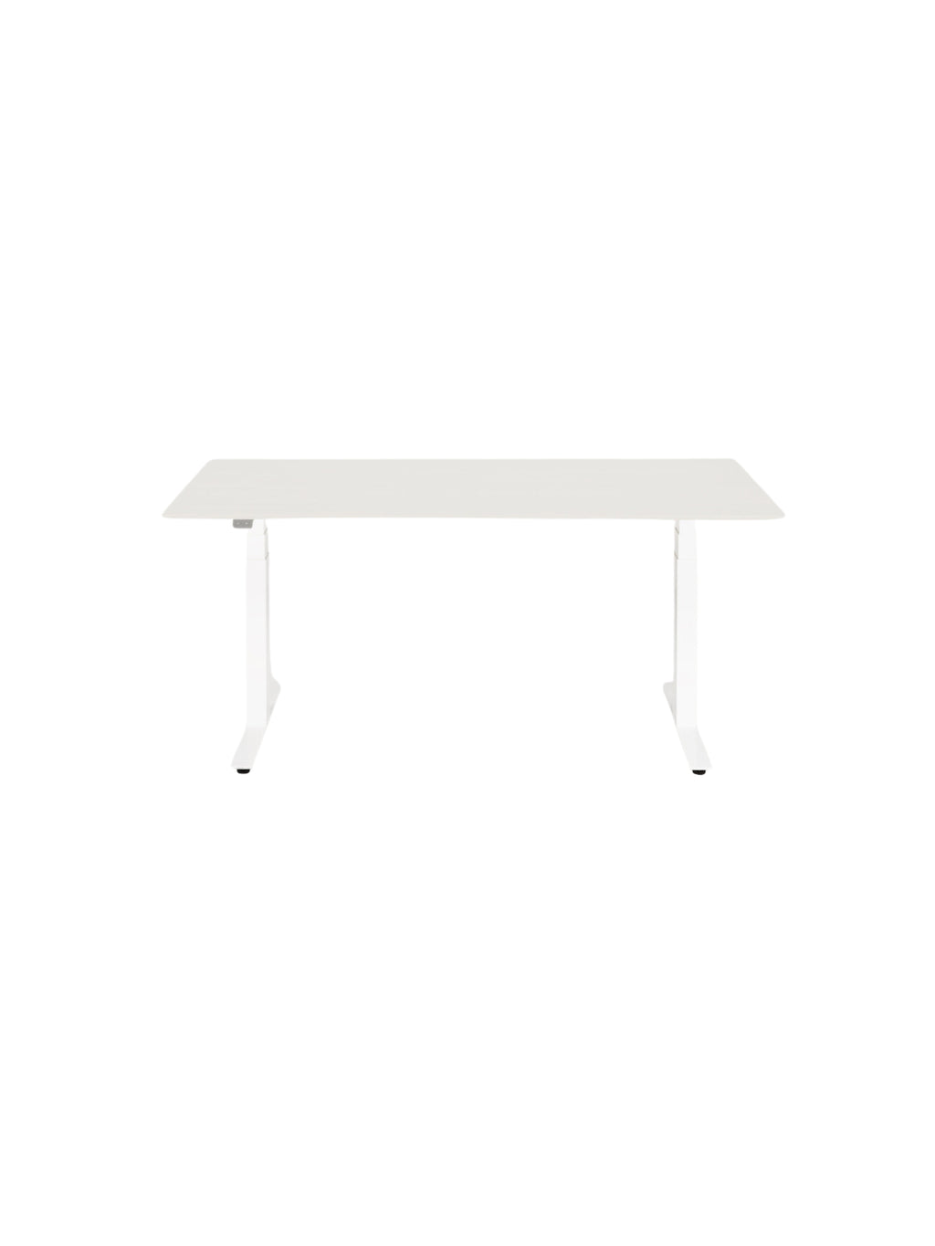 Ethnicraft Bok Adjustable Desk frame in white, without a tabletop, displayed from the front. This image highlights the sturdy, minimalist design of the adjustable base on a white background.