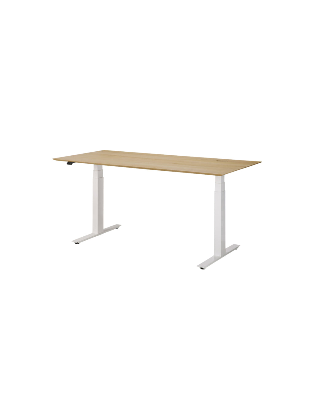 Ethnicraft Bok Adjustable Desk, featuring a natural oak tabletop and a clean white frame, viewed from a side angle, showcasing its slim profile and premium wooden texture on a white background.